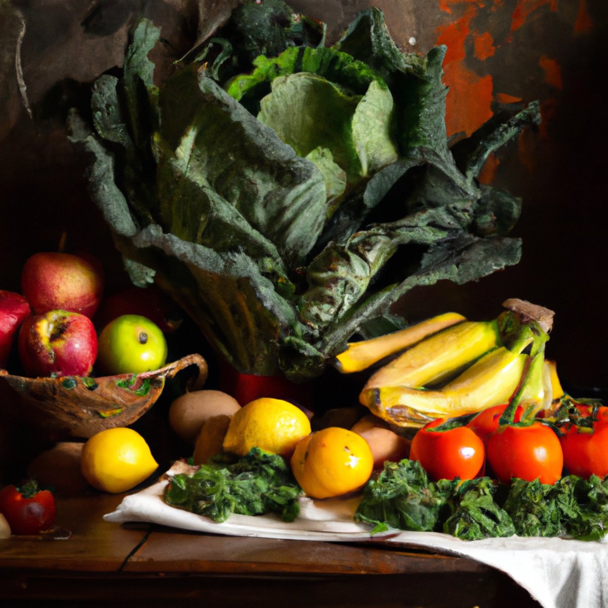 The photo captures a rustic wooden table adorned with an array of colorful fruits and vegetables. A basket of plump red tomatoes sits next to a bundle of leafy green kale, while a pile of vibrant oranges and lemons adds a pop of citrusy brightness. A bowl of crisp apples and pears sits alongside a bunch of ripe bananas, and a cluster of deep purple grapes completes the scene. The natural textures and hues of the produce are highlighted by the soft, natural lighting, making the viewer's mouth water at the thought of the delicious and nutritious meal that could be made from these fresh ingredients.