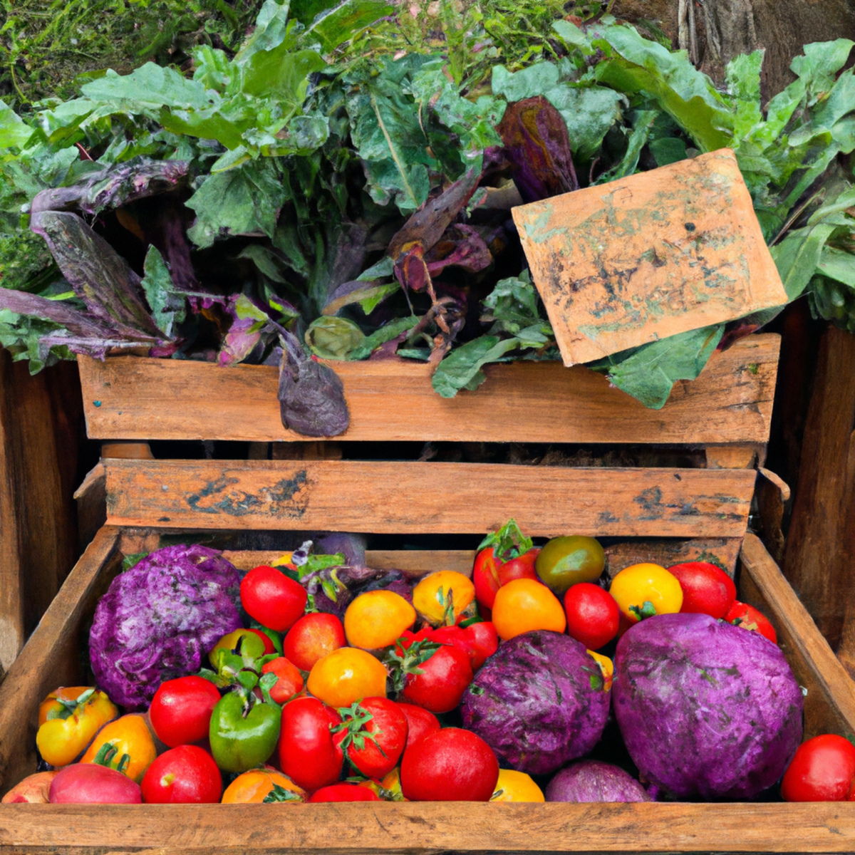 The photo captures a colorful array of organic fruits and vegetables arranged in a rustic wooden crate. The vibrant hues of the produce, including deep purple eggplants, bright red tomatoes, and leafy green kale, are a testament to the natural beauty and diversity of organic farming. A small sign next to the crate proudly proclaims the farm's commitment to sustainable and pesticide-free practices. In the background, a farmer can be seen tending to rows of crops, further emphasizing the human connection and care that goes into producing organic foods. The photo serves as a visual reminder of the growing movement towards healthier and more environmentally conscious food choices.