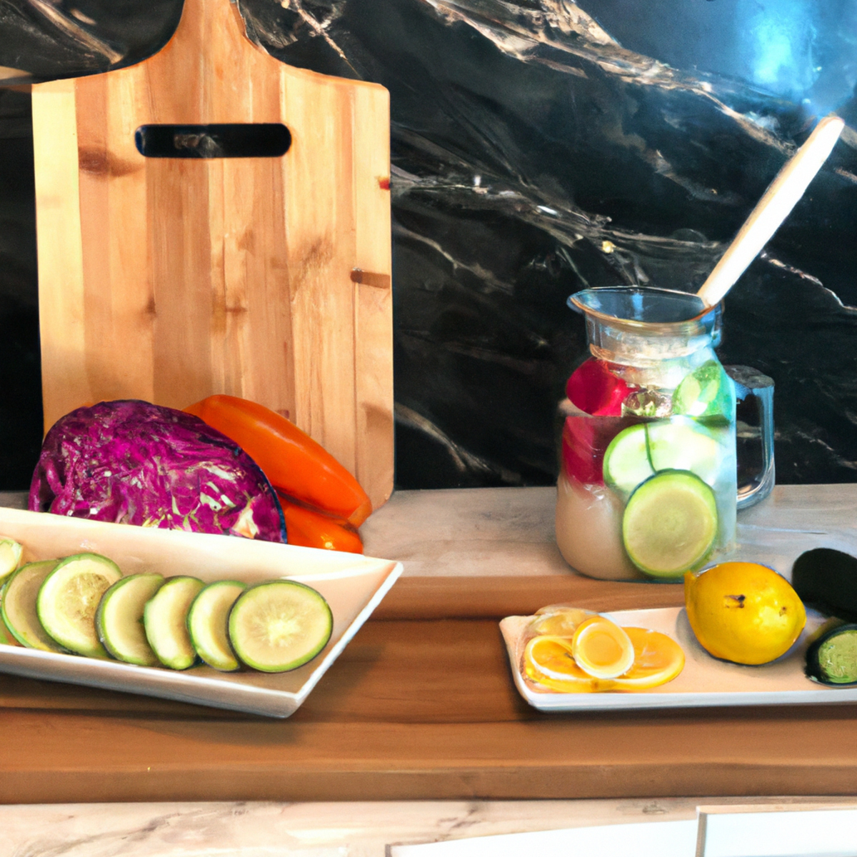 The photo features a wooden cutting board with a variety of colorful fruits and vegetables arranged neatly on top. A glass jar of homemade sauerkraut sits next to the board, with a small spoon resting on top. In the background, a pitcher of water with slices of lemon and cucumber can be seen, emphasizing the importance of hydration for gut health. The vibrant colors of the produce and the natural textures of the wood and glass create a warm and inviting image, suggesting the benefits of incorporating probiotics and whole foods into one's diet.