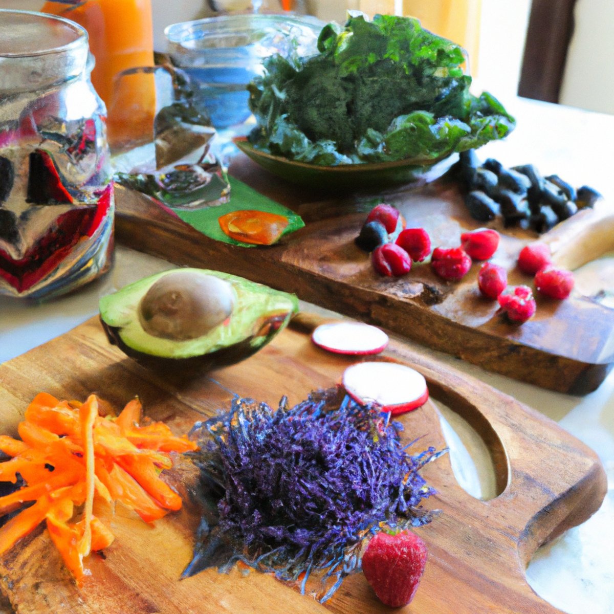 The photo features a wooden cutting board with an array of colorful fruits and vegetables, including sliced avocado, blueberries, raspberries, kale leaves, and carrots. A jar of fermented sauerkraut sits in the background, while a small dish of chia seeds and a glass of kombucha complete the scene. The vibrant colors and textures of the foods suggest a variety of nutrients and flavors, all of which can contribute to a healthy gut.
