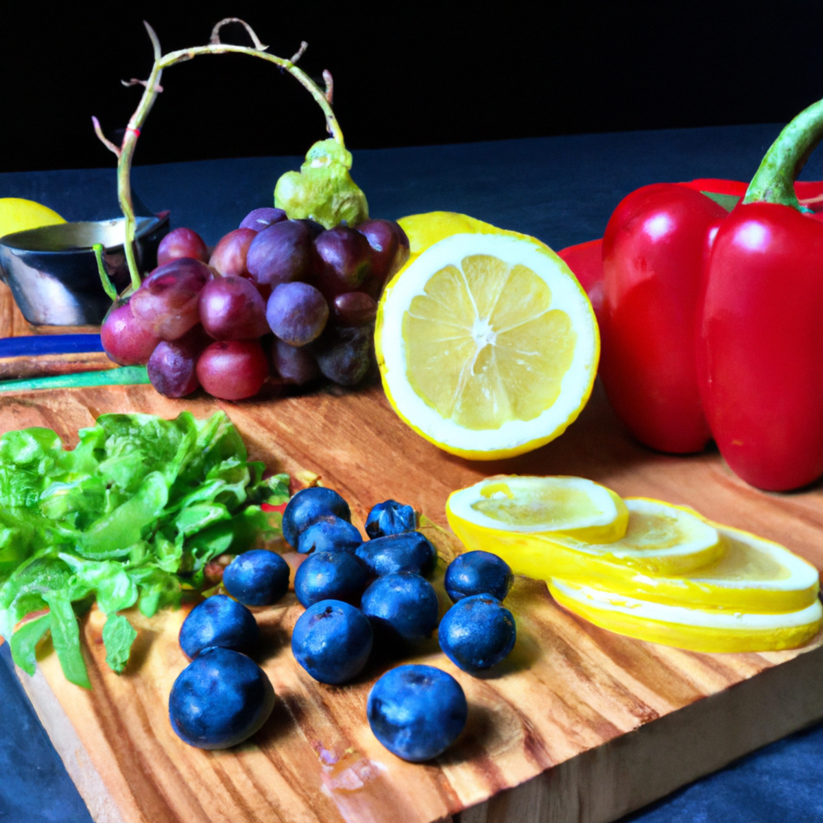The photo shows a wooden cutting board with various colorful fruits and vegetables arranged in an artful manner. A bright yellow lemon is sliced in half, revealing its juicy interior, while a vibrant red bell pepper is sliced into thin strips. A bunch of green grapes and a handful of blueberries add pops of color to the scene. In the background, a glass jar filled with quinoa and a small bowl of mixed nuts can be seen, emphasizing the importance of incorporating whole grains and healthy fats into one's diet for stress and anxiety management. The overall composition of the photo exudes a sense of freshness and vitality, inviting the viewer to consider the benefits of functional foods for their mental health.
