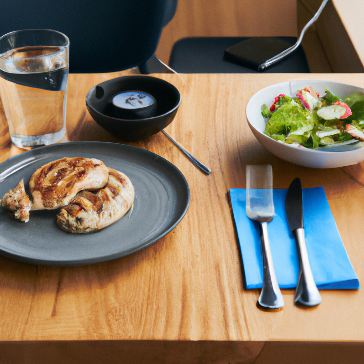 The photo shows a wooden table with a plate of grilled chicken, a bowl of mixed greens, and a glass of water. Next to it is a stopwatch and a fitness tracker. On the other side of the table, there is a plate of pancakes with syrup and a cup of coffee. The contrast between the healthy and indulgent options highlights the pros and cons of exercising while intermittent fasting. The natural lighting and composition of the photo make the objects look appetizing and inviting.