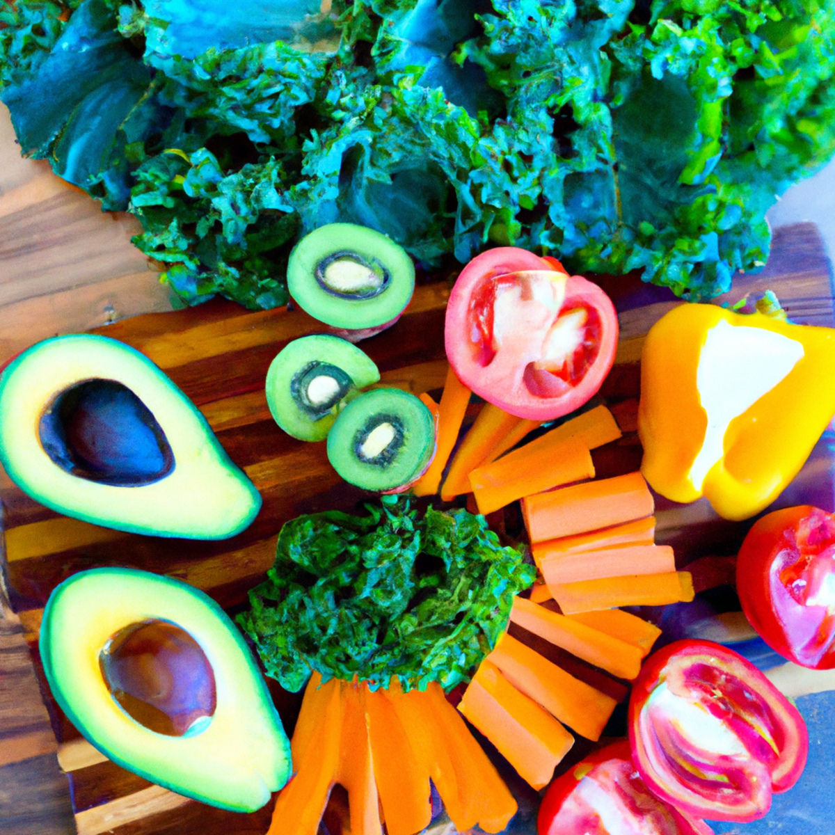 The photo depicts a colorful array of fruits and vegetables arranged on a wooden cutting board. A ripe avocado, sliced tomatoes, and a bunch of vibrant green kale leaves are prominently displayed in the center of the image. Surrounding them are sliced bell peppers, carrots, and cucumbers, all arranged in a visually appealing pattern. The photo captures the essence of the article's focus on functional foods and their role in weight management and metabolism.