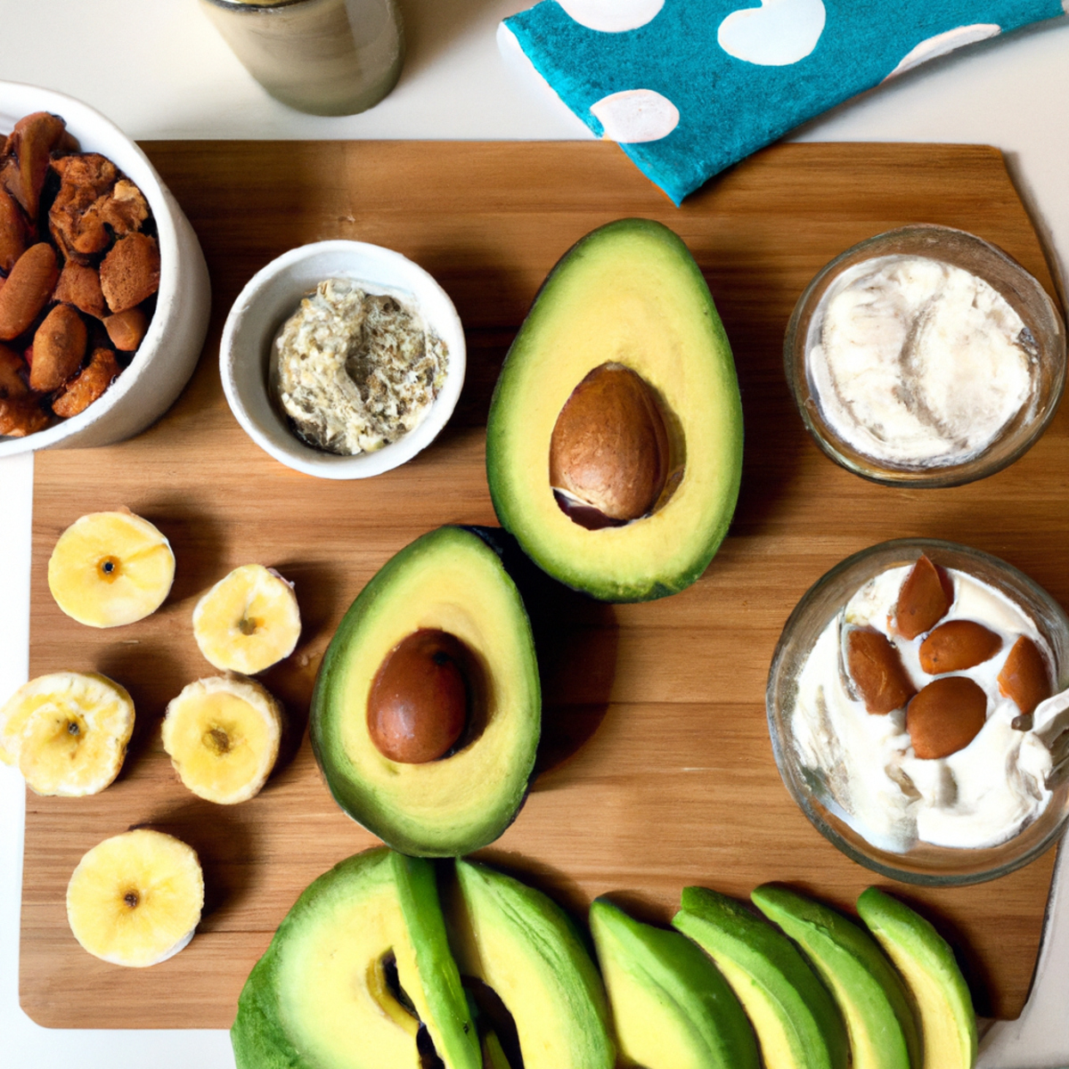 The photo features a colorful array of nutrient-packed snacks arranged on a wooden cutting board. In the center of the photo, a ripe avocado is sliced in half, revealing its creamy green flesh. Surrounding the avocado are several other healthy options, including a handful of almonds, a sliced apple, a small container of Greek yogurt, and a few squares of dark chocolate. The photo is expertly lit, with natural light casting a warm glow over the scene, making the snacks look even more appetizing. The composition is simple yet effective, showcasing the variety of foods that can help optimize a workout.