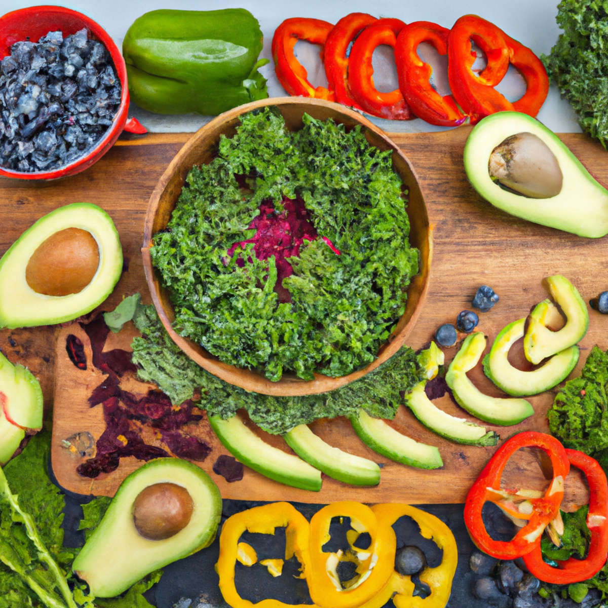 The photo captures a colorful array of superfoods arranged on a wooden cutting board. In the center, a ripe avocado is sliced open, revealing its creamy green flesh. Surrounding it are vibrant red and yellow bell peppers, sliced into thin strips, and a handful of bright green kale leaves. A small bowl of antioxidant-rich blueberries sits off to the side, while a sprinkle of chia seeds adds a crunchy texture to the mix. The photo exudes health and vitality, inviting the reader to explore the benefits of incorporating these superfoods into their diet.