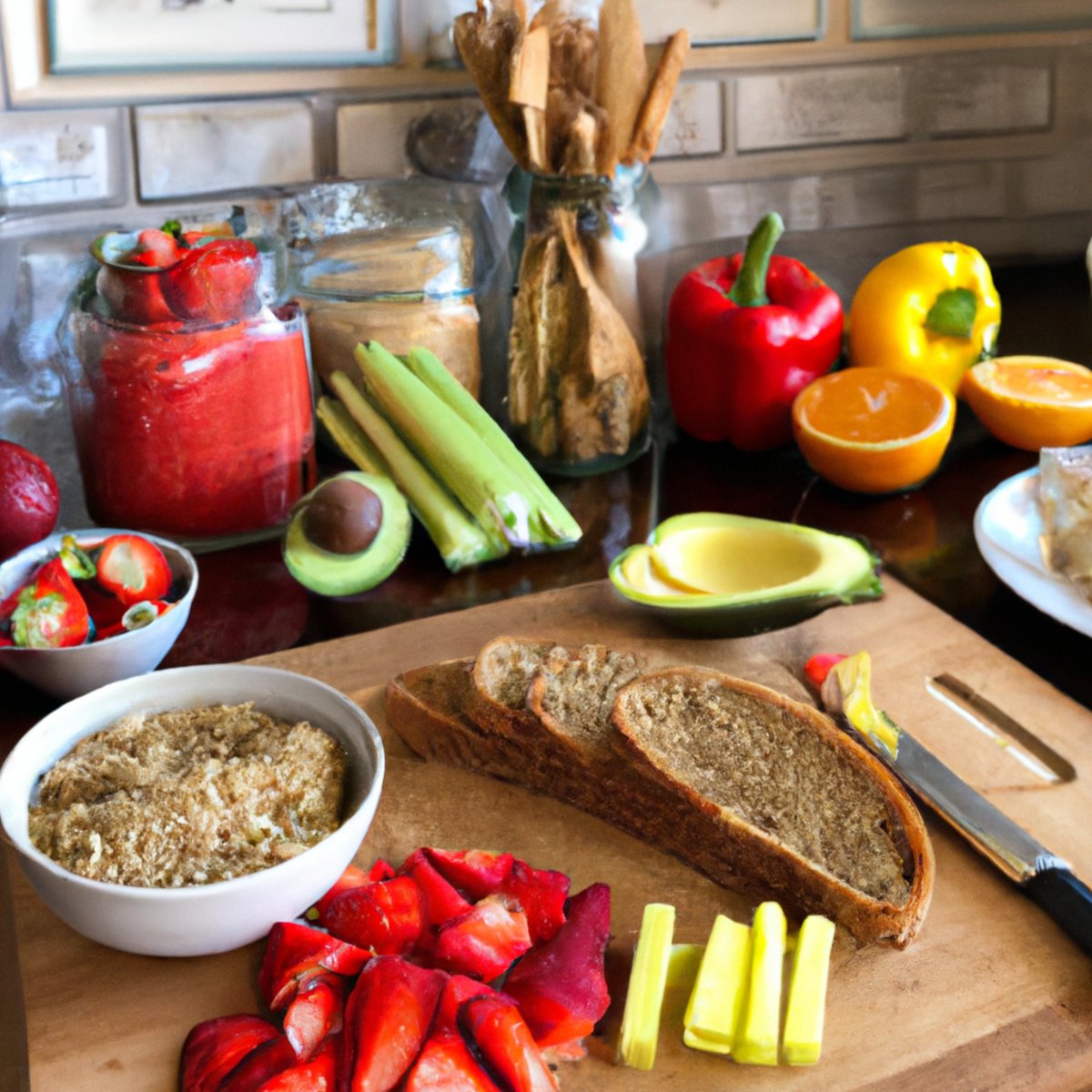 The photo features a wooden cutting board with an array of colorful fruits and vegetables, including ripe strawberries, juicy watermelon slices, vibrant bell peppers, and crisp celery stalks. In the foreground, a bowl of quinoa salad with diced tomatoes and avocado is displayed, while a jar of almond butter and a loaf of gluten-free bread sit on the side. The natural lighting highlights the freshness and wholesome nature of the ingredients, inviting the reader to explore the world of gluten-free eating for optimal health.