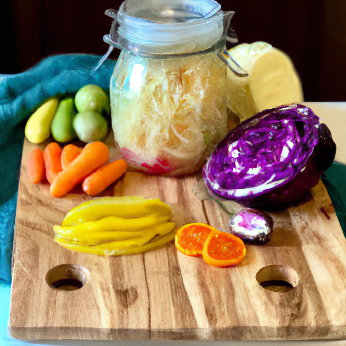 The photo depicts a wooden cutting board with a variety of colorful fruits and vegetables arranged neatly on top. In the foreground, there is a glass jar filled with homemade sauerkraut, showcasing the importance of incorporating probiotics into one's diet for optimal gut health. The vibrant colors of the produce and the natural textures of the wooden board create a warm and inviting atmosphere, emphasizing the benefits of a healthy and balanced diet.
