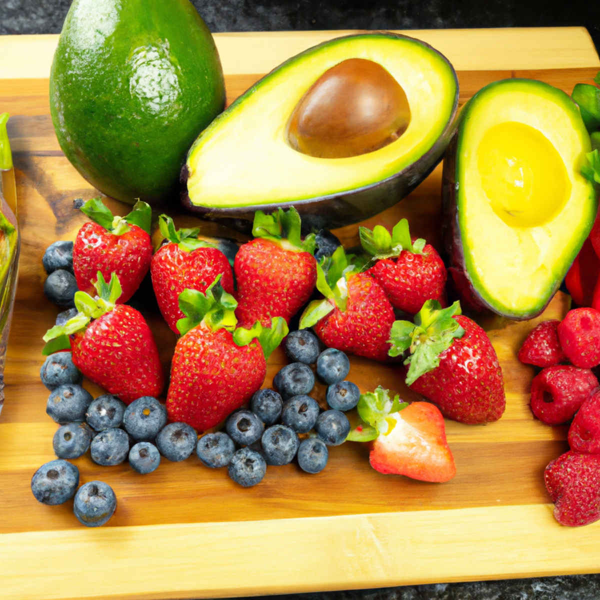 The photo features a colorful array of heart-healthy superfoods arranged on a wooden cutting board. In the center of the photo is a ripe avocado, sliced in half to reveal its creamy green flesh and large pit. Surrounding the avocado are several bright red strawberries, plump blueberries, and juicy raspberries, all bursting with antioxidants and vitamins. A handful of raw almonds and walnuts are scattered around the edges of the board, providing a satisfying crunch and a dose of heart-healthy fats. A sprig of fresh mint adds a pop of green and a refreshing aroma to the scene. The photo is expertly lit, with natural light casting a warm glow on the vibrant colors of the food. It's a mouth-watering reminder that taking care of your heart can be both delicious and nutritious.