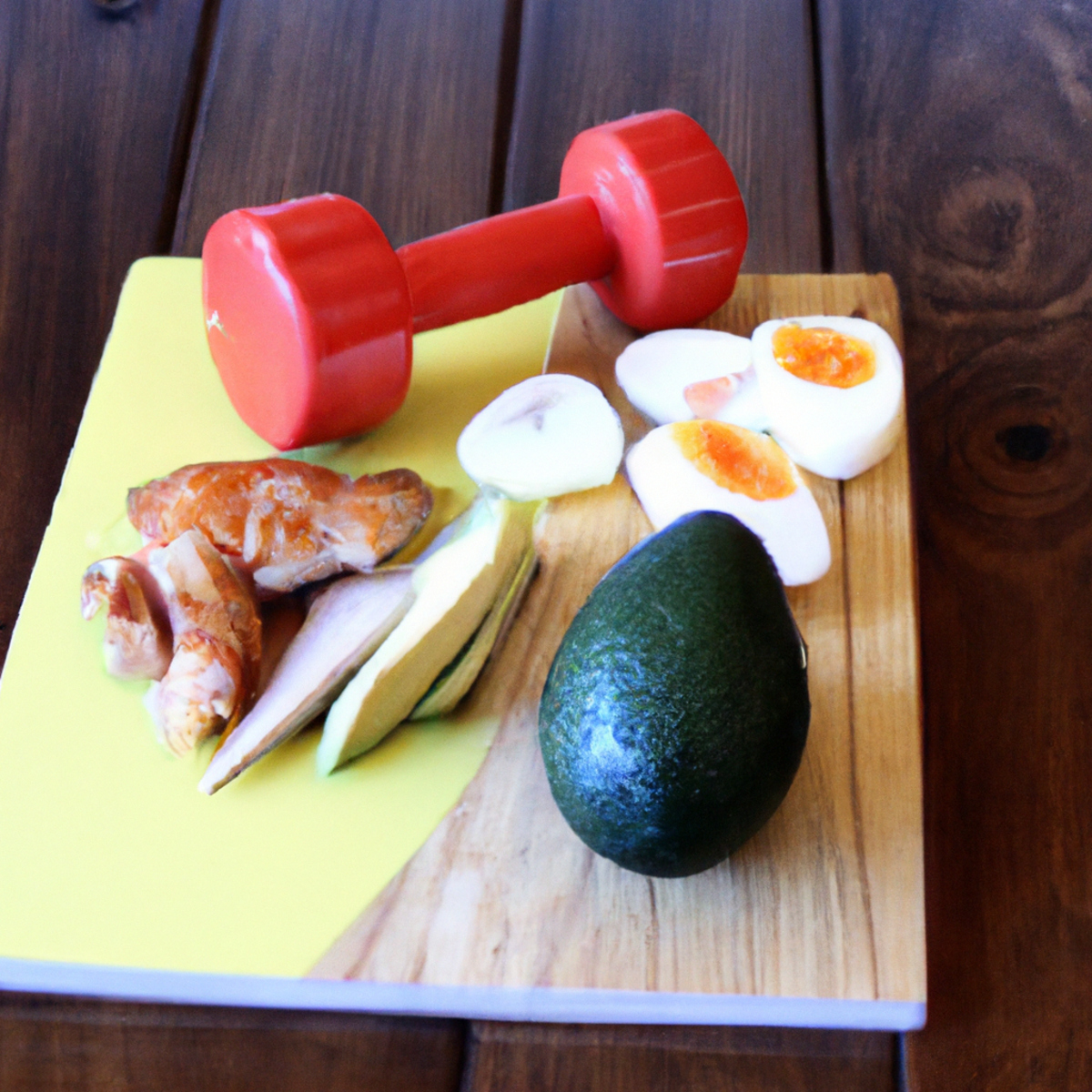 The photo shows a wooden cutting board with various healthy foods arranged on it, including sliced avocado, cherry tomatoes, grilled chicken breast, and a hard-boiled egg. In the background, there is a yoga mat and a set of dumbbells, suggesting that exercise is an important part of the keto diet plan. The lighting is bright and natural, highlighting the vibrant colors of the food and creating a warm and inviting atmosphere. Overall, the photo conveys a sense of balance and wellness, encouraging readers to adopt a healthy lifestyle that combines nutritious eating with regular physical activity.