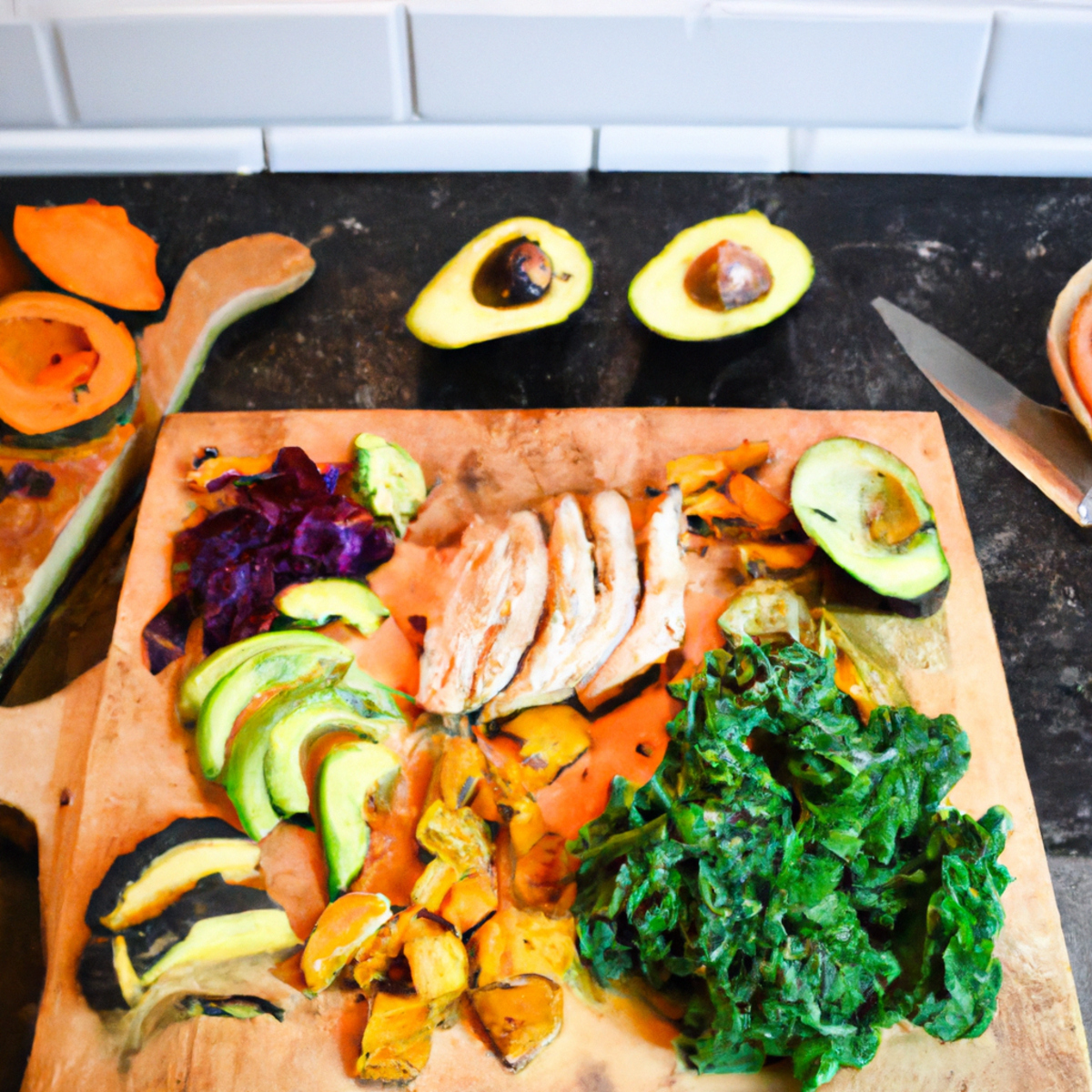 The photo features a wooden cutting board with an array of colorful and nutritious foods. In the center of the board, there is a sliced avocado with a sprinkle of sea salt and black pepper. Surrounding the avocado are slices of grilled chicken breast, roasted sweet potatoes, and sautéed kale. To the left of the board, there is a bowl of mixed berries, including strawberries, blueberries, and raspberries. On the right side of the board, there is a small dish of quinoa with chopped herbs and a drizzle of olive oil. The photo captures the vibrant colors and textures of the gluten-free foods, enticing readers to try these healthy options for post-workout recovery.