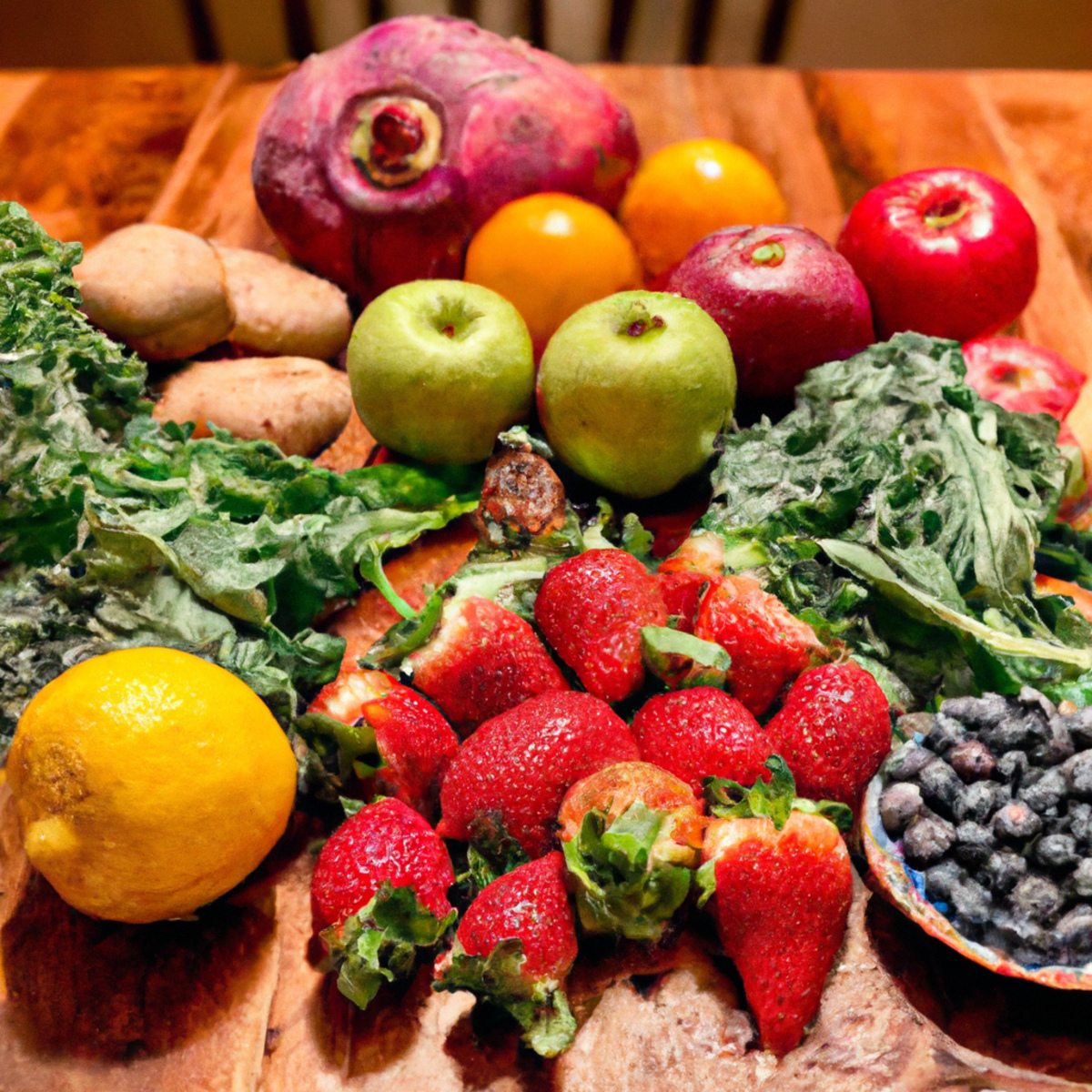 The photo shows a wooden table with a variety of organic fruits and vegetables arranged in a visually appealing manner. The objects include bright red strawberries, plump blueberries, crisp green apples, juicy oranges, vibrant yellow peppers, leafy kale, and earthy potatoes. The produce looks fresh and inviting, with no signs of pesticides or chemicals. The photo captures the essence of the article, highlighting the importance of choosing organic foods for a healthier lifestyle.