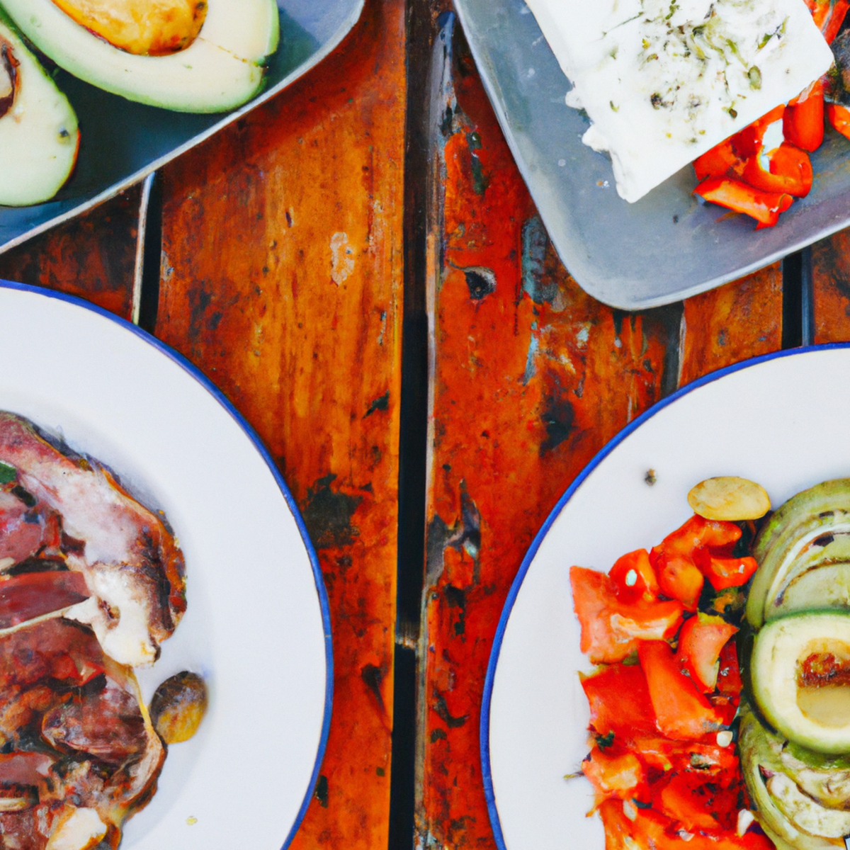 The photo shows a wooden table with two plates of food placed side by side. On the left plate, there is a colorful array of vegetables such as tomatoes, cucumbers, bell peppers, and olives, drizzled with olive oil and sprinkled with feta cheese. On the right plate, there is a juicy steak with a side of bacon and avocado slices, all cooked to perfection. In the background, there is a glass of red wine and a bottle of olive oil, representing the Mediterranean diet. On the other side, there is a glass of water and a jar of coconut oil, representing the Keto diet. The photo captures the essence of the two diets, showcasing the fresh and vibrant ingredients of the Mediterranean diet and the high-fat, low-carb options of the Keto diet.