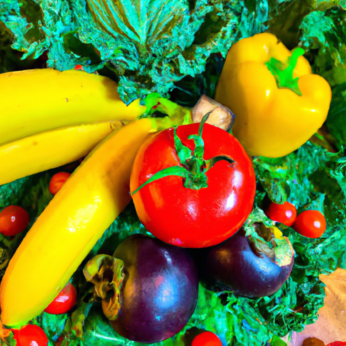 The photo captures a colorful array of fresh fruits and vegetables arranged in a beautiful display. A vibrant red tomato sits next to a bunch of leafy green kale, while a bright yellow bell pepper and a deep purple eggplant add pops of color to the scene. A handful of juicy strawberries and a bunch of ripe bananas complete the picture. The natural beauty of the produce is highlighted by the soft lighting and the simple, uncluttered background. This photo perfectly captures the essence of the article's message about the power of plants and the benefits of a plant-based diet for heart health.