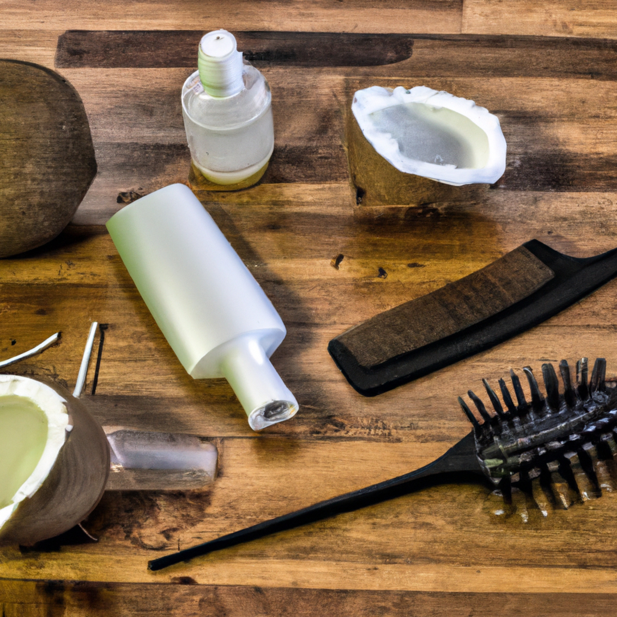 Hair care products scattered on a wooden table, including coconut oil, hairbrush, hair dryer, and hair ties.