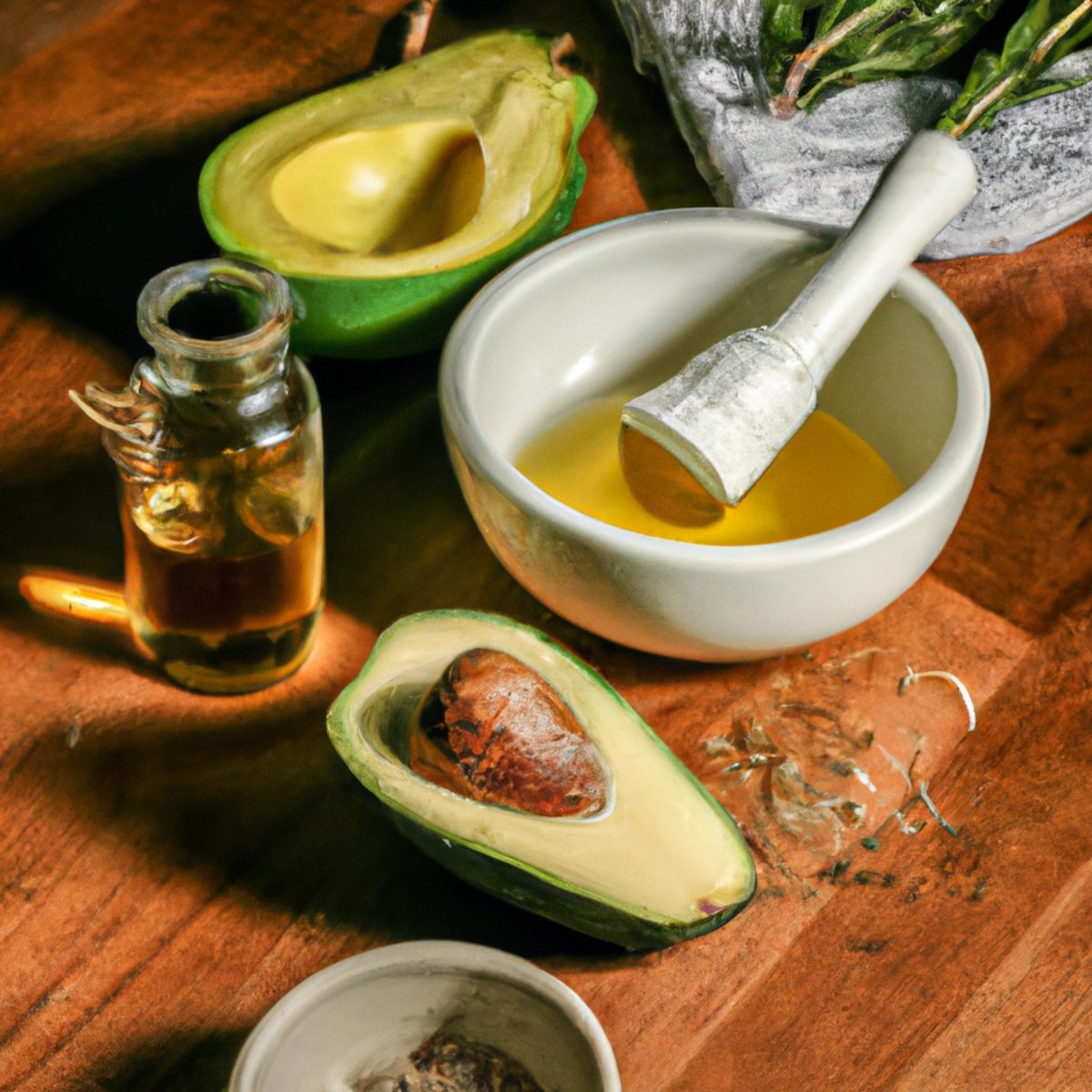 DIY hair care ingredients on wooden table with coconut oil, avocado, honey, rosemary, mortar and pestle, apple cider vinegar, and essential oils.