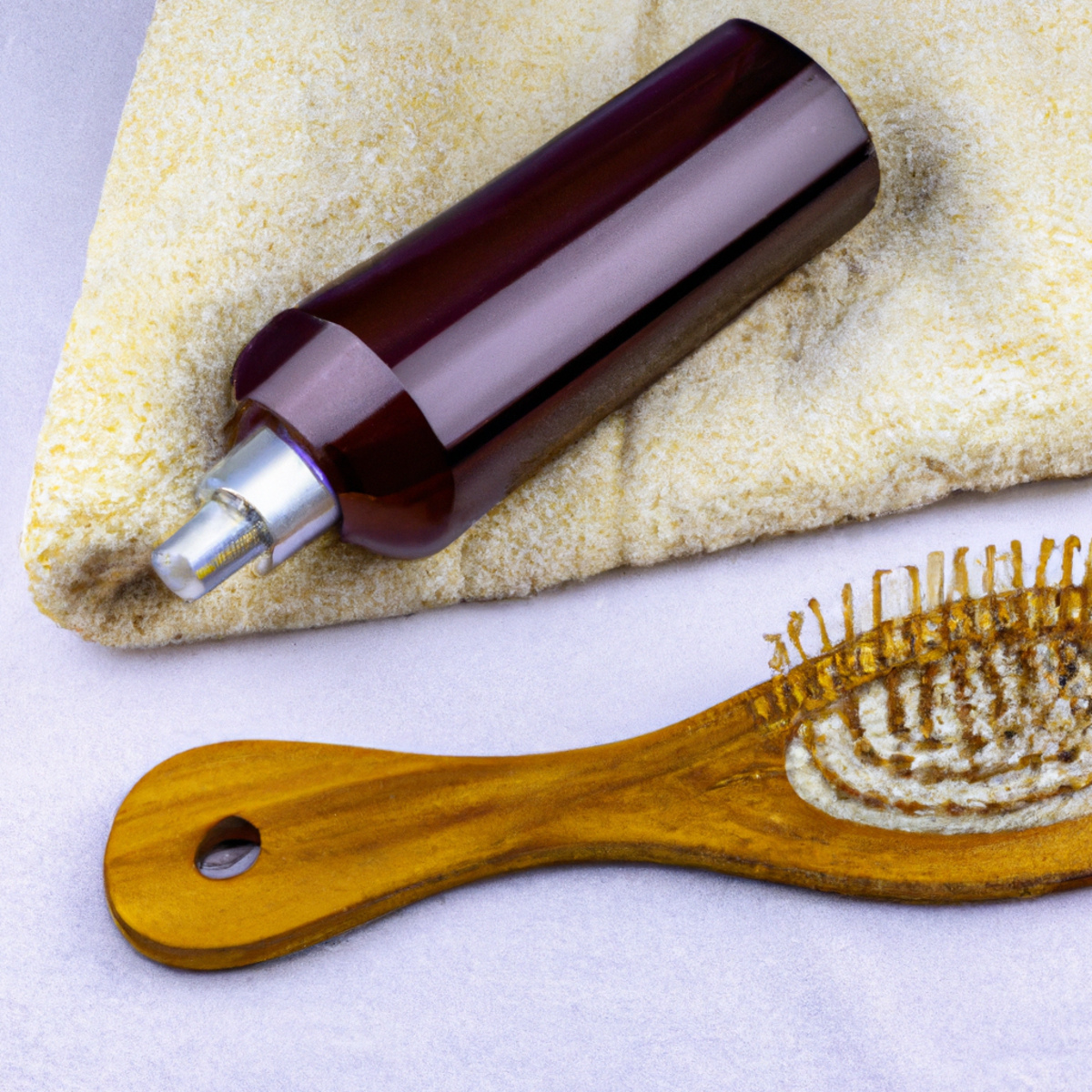 Hair care tools on white towel with leave-in conditioner spray.