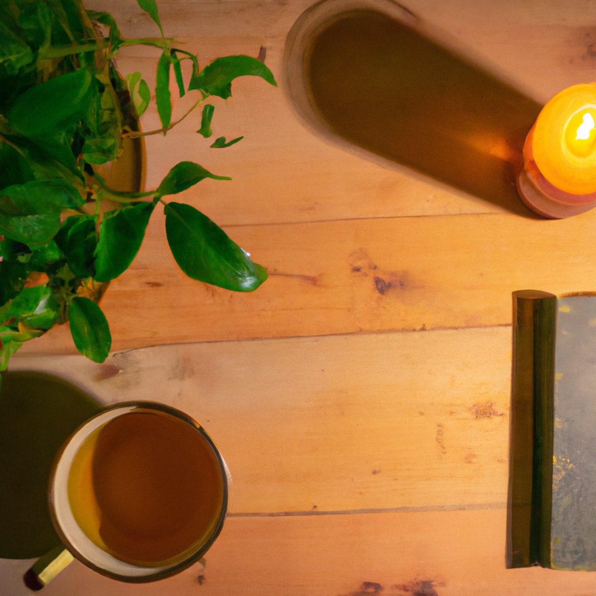 Cozy table with tea, book, plant, and candle. Calm and tranquil atmosphere with a touch of nature.