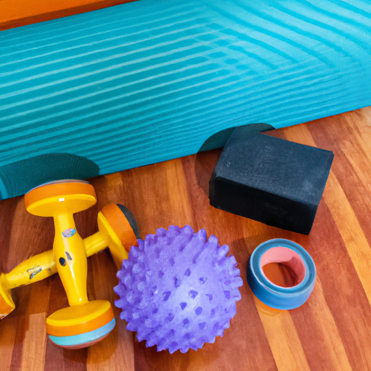 The photo depicts a set of objects arranged on a wooden board. On one side, there is a small medicine ball, a resistance band, and a foam roller. On the other side, there is a pair of dumbbells, a balance board, and a yoga block. The objects are arranged in a way that suggests they are part of a balanced exercise routine for seniors. The lighting is soft and natural, highlighting the textures of the objects and the wood grain of the board. The overall effect is one of simplicity and elegance, conveying the message that balance training can be both effective and enjoyable for seniors.