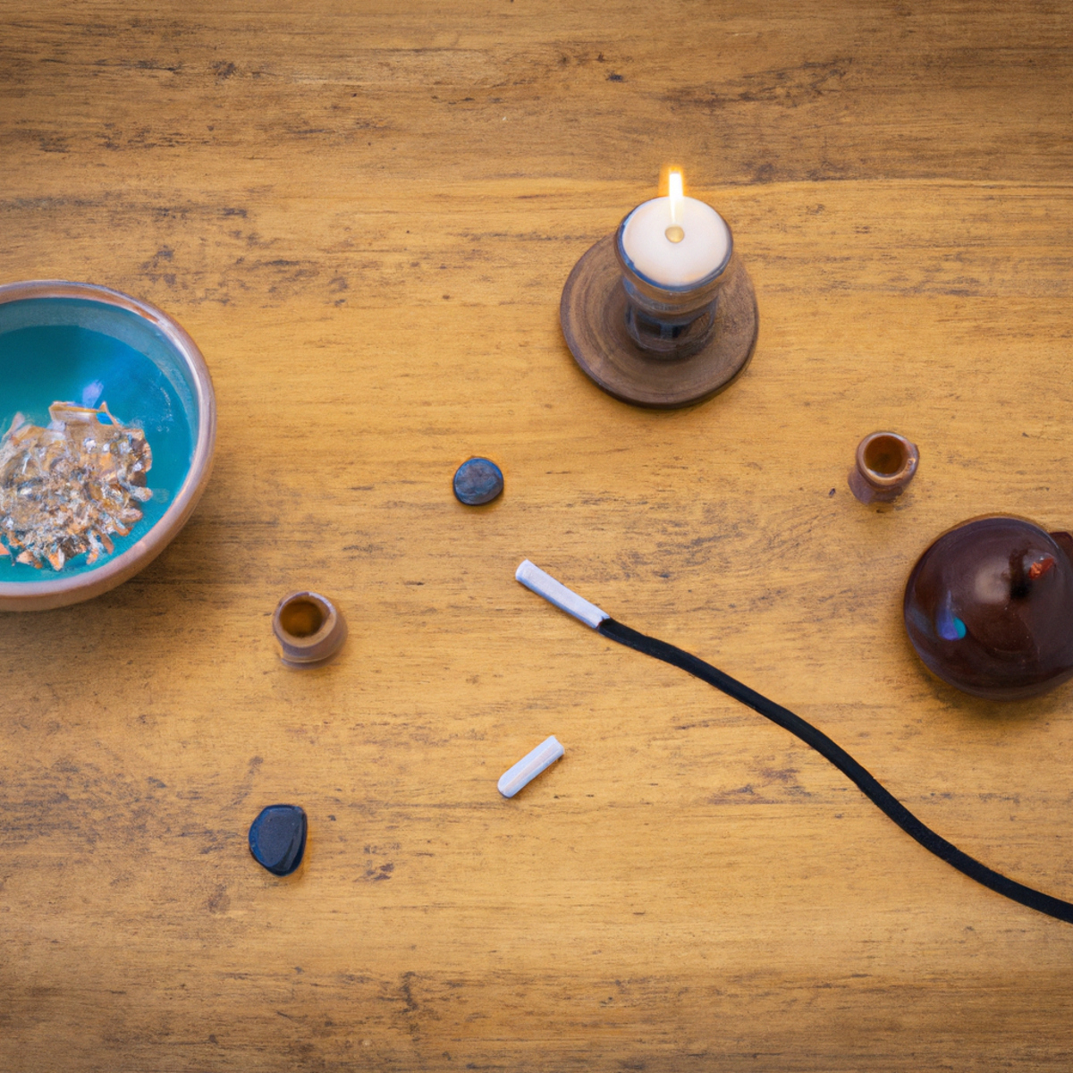 Mindfulness For Stress Reduction - A wooden table with a bowl of stones, incense holder, journal, and blurred figure meditating, promoting inner peace through mindfulness.