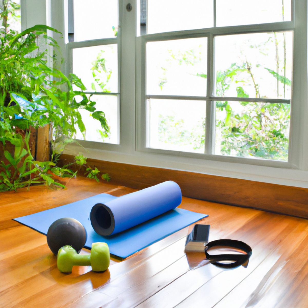 The photo features a wooden floor with a yoga mat laid out in the center. On the mat, there are various objects arranged neatly, including a resistance band, a small medicine ball, and a pair of dumbbells. The background shows a bright and airy room with large windows and green plants. The objects in the photo suggest a range of bodyweight exercises that can be done to improve core strength and stability, such as planks, Russian twists, and weighted sit-ups. The photo captures the essence of the article, which is to provide readers with effective exercises that can be done at home without the need for expensive gym equipment.
