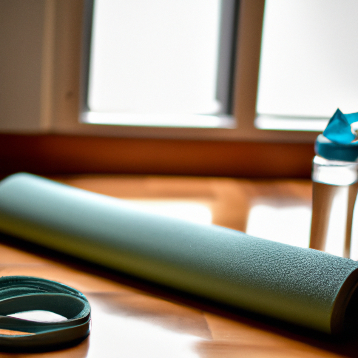 The photo shows a yoga mat on the floor with a water bottle, a towel, and a resistance band placed neatly beside it. In the background, a wooden floor and a window with natural light streaming in can be seen. The focus of the photo is on the objects, emphasizing the importance of incorporating bodyweight exercises into a yoga routine. The composition of the photo is simple yet effective, conveying a sense of calm and balance.