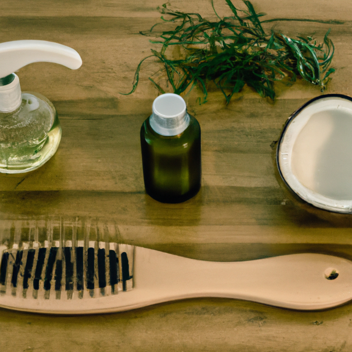 A wooden table with coconut oil, rosemary oil, hairbrush, comb, plant, and lemon water arranged neatly for hair growth.