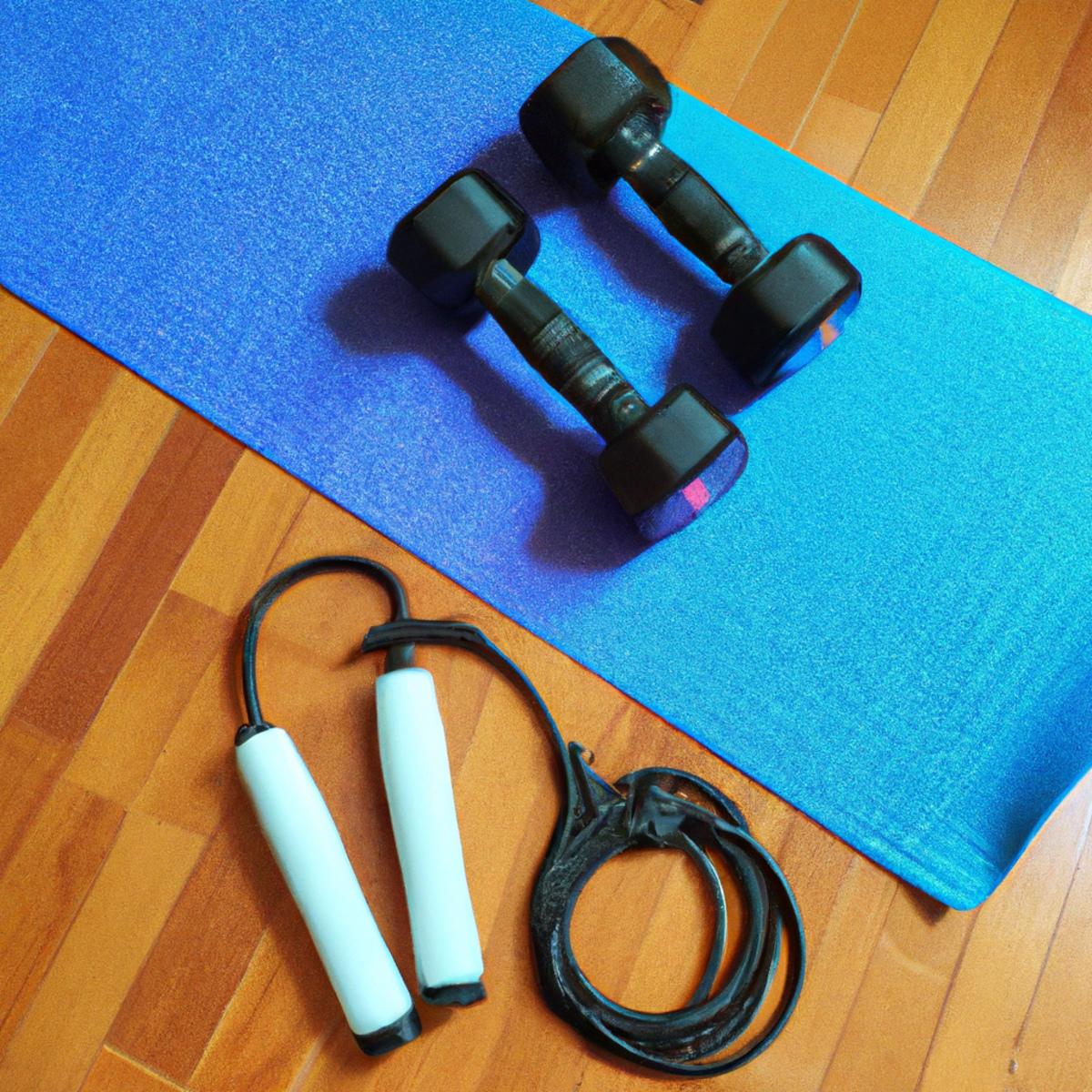 The photo features a set of dumbbells, a jump rope, and a yoga mat neatly arranged on a hardwood floor. The dumbbells are of varying weights, ranging from 5 to 20 pounds, and are placed on either side of the yoga mat. The jump rope is coiled up and placed on top of the mat, while the mat itself is rolled up and leaning against the wall in the background. The lighting is bright and natural, casting a warm glow on the objects and highlighting their textures and details. The overall effect is one of simplicity and efficiency, conveying the message that these basic tools are all that's needed for a highly effective HIIT workout.