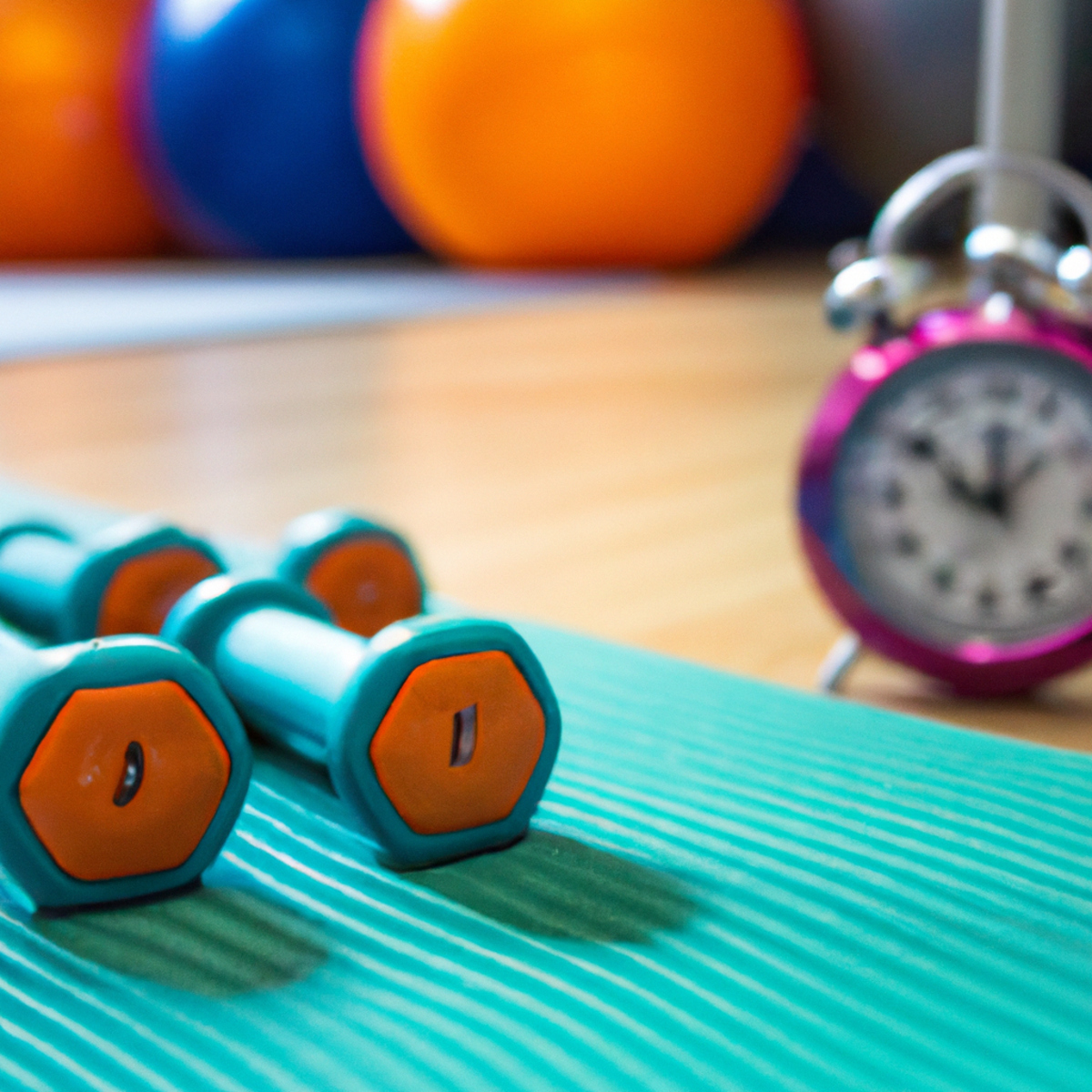 The photo captures a set of colorful dumbbells arranged neatly on a yoga mat, with a stopwatch placed in the center. The background shows a gym with other fitness equipment, but the focus remains on the objects in the foreground. The dumbbells range from light to heavy, indicating the variety of exercises that can be performed during a HIIT workout. The stopwatch suggests the importance of timing and intensity in these workouts, emphasizing the need to push oneself to the limit in just 20 minutes. The overall composition of the photo is clean and minimalist, reflecting the simplicity and efficiency of HIIT workouts.