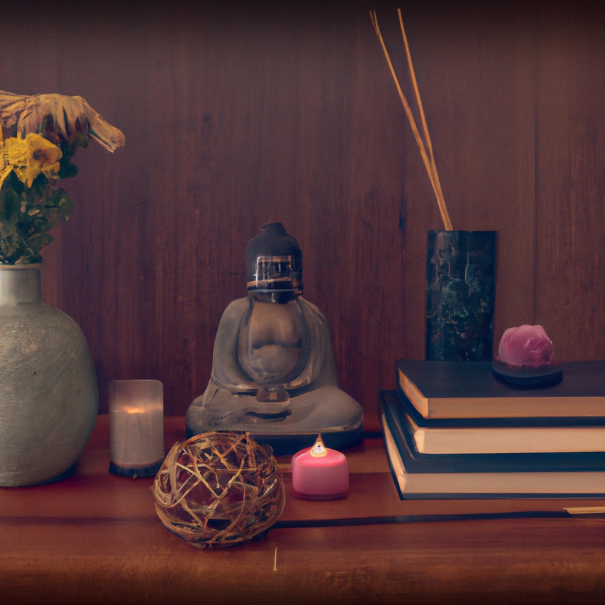 The photo depicts a serene scene of a wooden table with various objects arranged in a mindful manner. A small Buddha statue sits at the center, surrounded by a stack of books on meditation and a vase of fresh flowers. A lit candle and incense stick emit a calming aroma, while a soft cushion invites the viewer to sit and meditate. The natural light streaming in from a nearby window adds to the peaceful ambiance of the photo.
