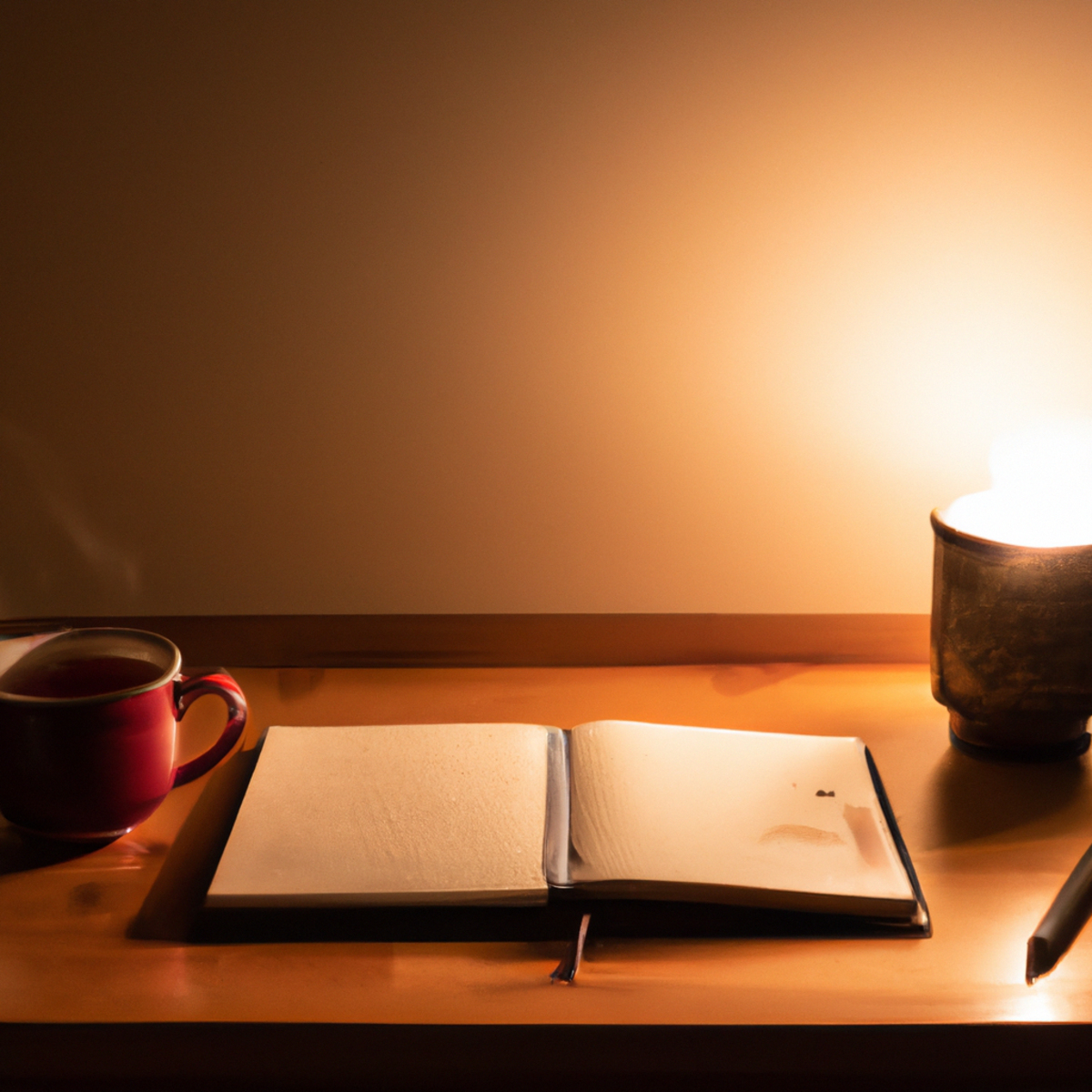 A serene scene of a wooden desk with tea, journal, and pen, reminding us to practice daily stress management.