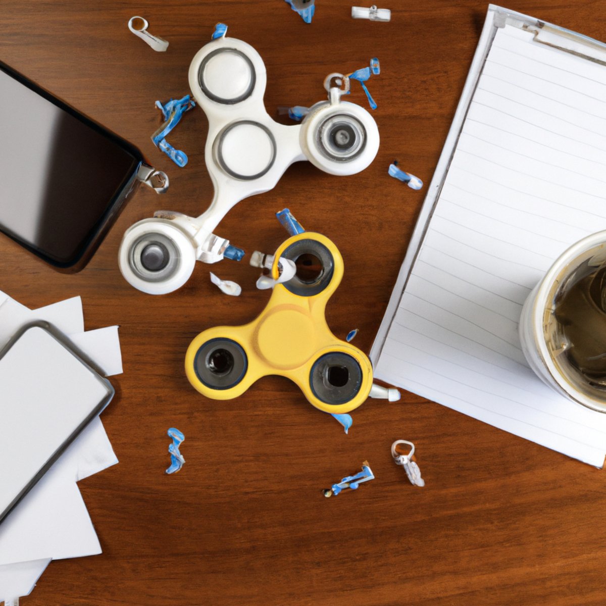 Cluttered desk with coffee mug, papers, stress ball, fidget spinner, computer, phone, and notepad, highlighting importance of stress management.