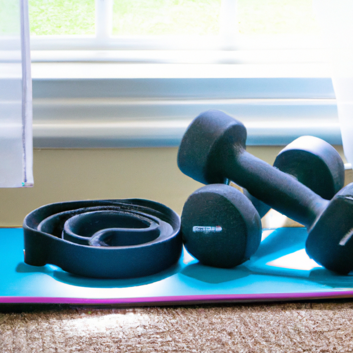 The photo captures a minimalist home gym setup with a yoga mat, resistance bands, and a set of dumbbells neatly arranged on the floor. The natural light streaming in from the window highlights the texture of the mat and the sleek design of the bands. The dumbbells, ranging from light to heavy, are stacked in ascending order, ready for a full-body workout. The composition of the photo exudes a sense of calm and simplicity, inviting the reader to try out these bodyweight exercises in the comfort of their own home.