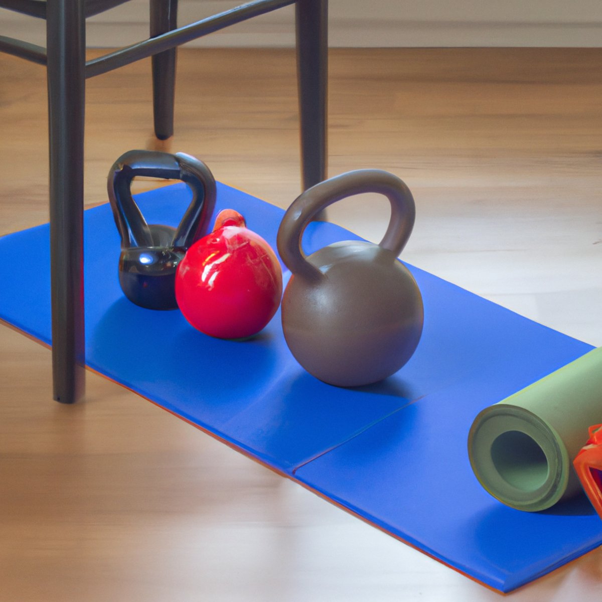 The photo shows a set of dumbbells, a resistance band, a yoga mat, a stability ball, and a kettlebell arranged neatly on a wooden floor. The dumbbells are of different weights, ranging from light to heavy, and the resistance band is stretched out between two chairs. The yoga mat is rolled up and placed next to the stability ball, which is inflated and ready for use. The kettlebell is placed on top of the stability ball, adding an extra challenge to the workout. The lighting is bright and natural, highlighting the textures and colors of the objects. The photo captures the essence of resistance training, showcasing the tools needed to tone the body and burn fat effectively.