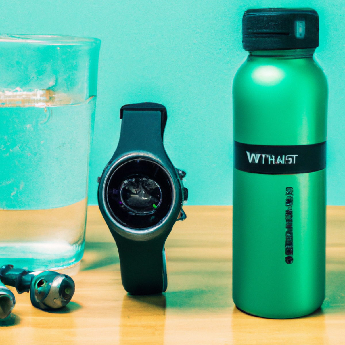 The photo features a sleek fitness tracker watch, a pair of wireless earbuds, and a water bottle with a built-in infuser, showcasing the latest in Fitness Apps and Wearables. The watch, a key component of this tech-savvy ensemble, is prominently displayed in the center of the photo. Its vibrant screen displays various fitness metrics, providing real-time data and insights to the user. Nestled next to the watch, the wireless earbuds highlight their convenience for workouts, allowing users to enjoy their favorite fitness apps or listen to music wirelessly. In the background, the water bottle with a built-in infuser adds a refreshing touch. Its clear body not only showcases the colorful fruits and herbs inside but also signifies the importance of hydration in fitness journeys. The overall aesthetic of the photo is modern and minimalist, emphasizing the high-tech nature of these fitness accessories and their seamless integration with Fitness Apps and Wearables.
