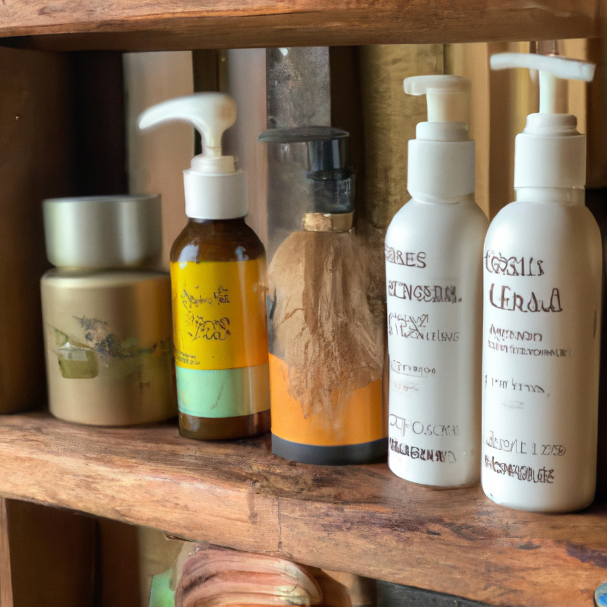 Organic hair care products on wooden shelf, emphasizing natural ingredients, safety, and vibrant packaging. Clean and inviting aesthetic.