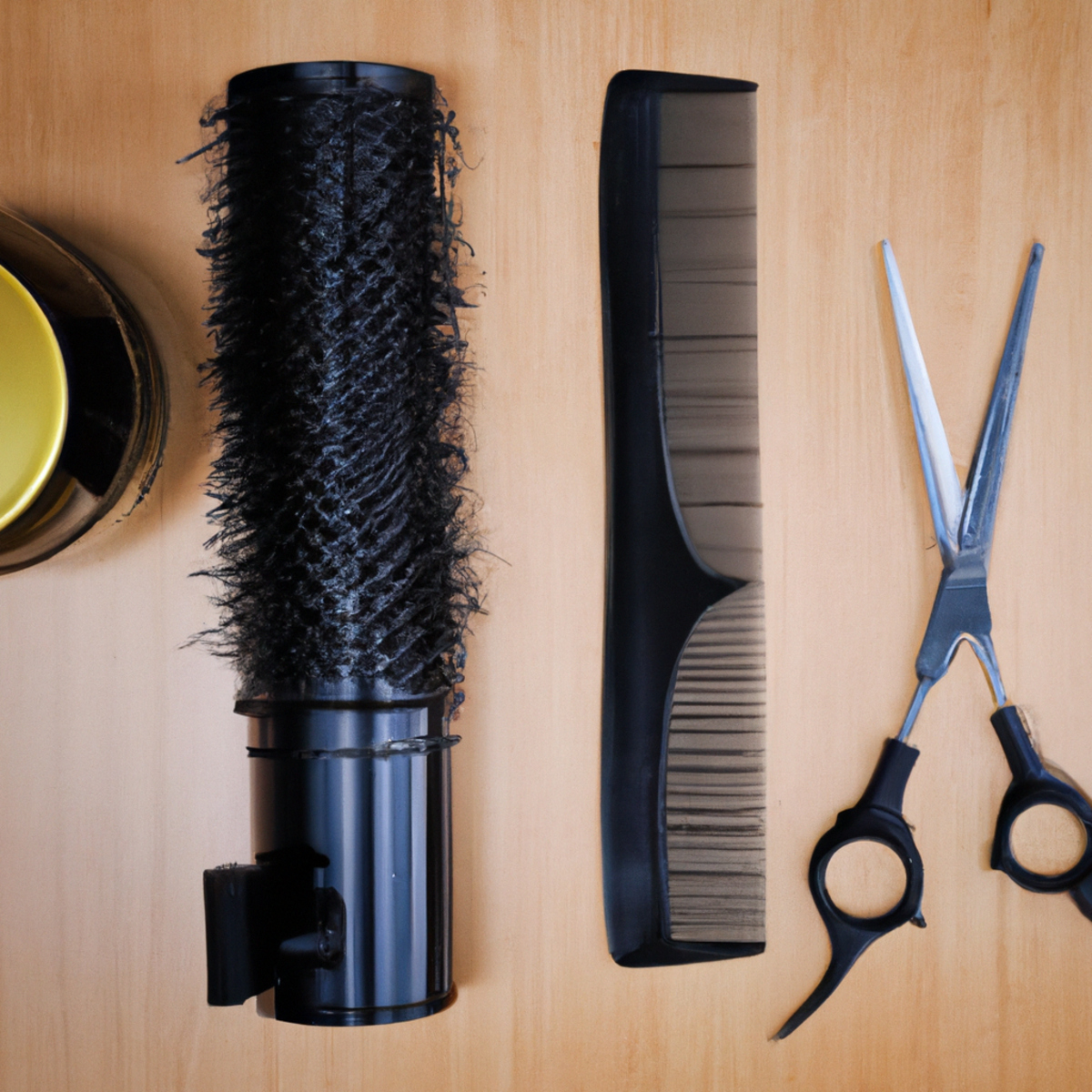 Grooming essentials: black comb, hair oil, styling wax, scissors on wooden surface. Sophisticated and refined.