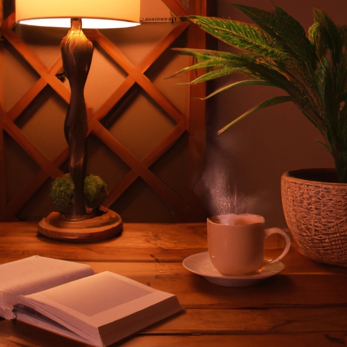 Cozy scene with tea, book, and plant invites relaxation.