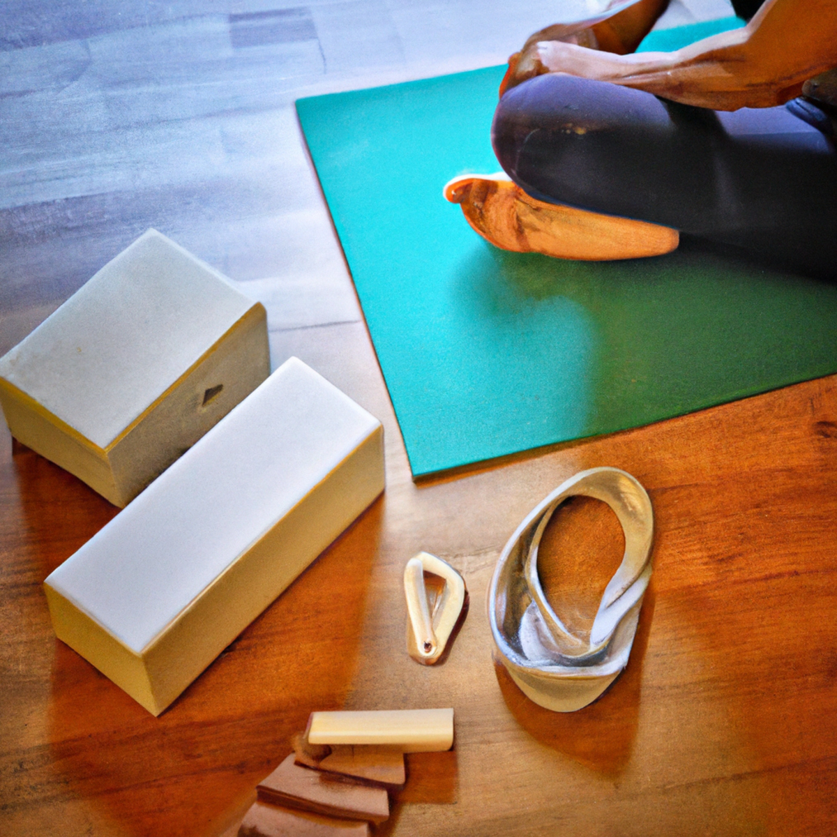 The photo depicts a serene scene of a yoga mat placed on a wooden floor, surrounded by various yoga props such as blocks, straps, and bolsters. In the center of the mat, there is a pair of bare feet belonging to a senior practitioner, who is sitting cross-legged with her eyes closed and hands resting on her knees. The woman's posture is upright and relaxed, indicating a sense of inner peace and mindfulness. This image beautifully captures the essence of senior exercises and fitness. The background of the photo shows a large window with natural light streaming in, creating a warm and inviting atmosphere. The overall composition of the photo conveys the message of the article, highlighting the benefits of yoga for seniors, including improved flexibility, balance, and mental well-being. It serves as an inspiring visual representation of how seniors can engage in Senior Exercises and Fitness through activities like yoga to enhance their physical and mental health.