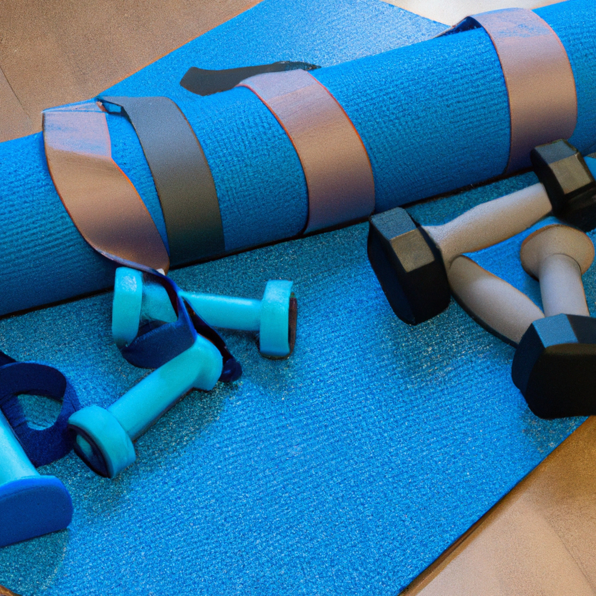 The photo shows a set of dumbbells, a resistance band, and a yoga mat laid out on the floor. The dumbbells are of different weights, ranging from light to heavy, and are placed next to each other. The resistance band is stretched out and held in place by the dumbbells. The yoga mat is rolled out and positioned in the center of the frame. The objects are arranged in a way that suggests they are ready to be used for a full-body workout routine. The lighting is bright and natural, highlighting the texture and details of each object.