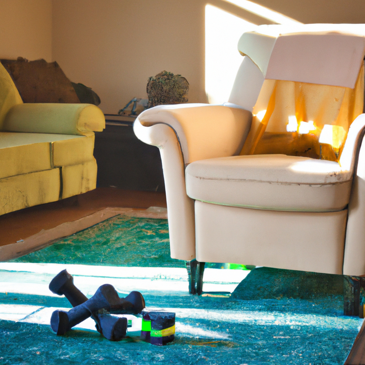 The photo captures a serene scene of a living room with a plush carpet and a comfortable armchair. In the foreground, there is a yoga mat with a foam block and a strap, indicating the focus on senior exercises and fitness. On the mat, there are also a pair of light dumbbells and a resistance band, suggesting the incorporation of strength training into the exercise routine. In the background, there is a large window with natural light streaming in, creating a peaceful ambiance. The overall composition of the photo exudes a sense of calm and relaxation, inviting seniors to engage in gentle yet effective exercises to maintain their physical well-being.