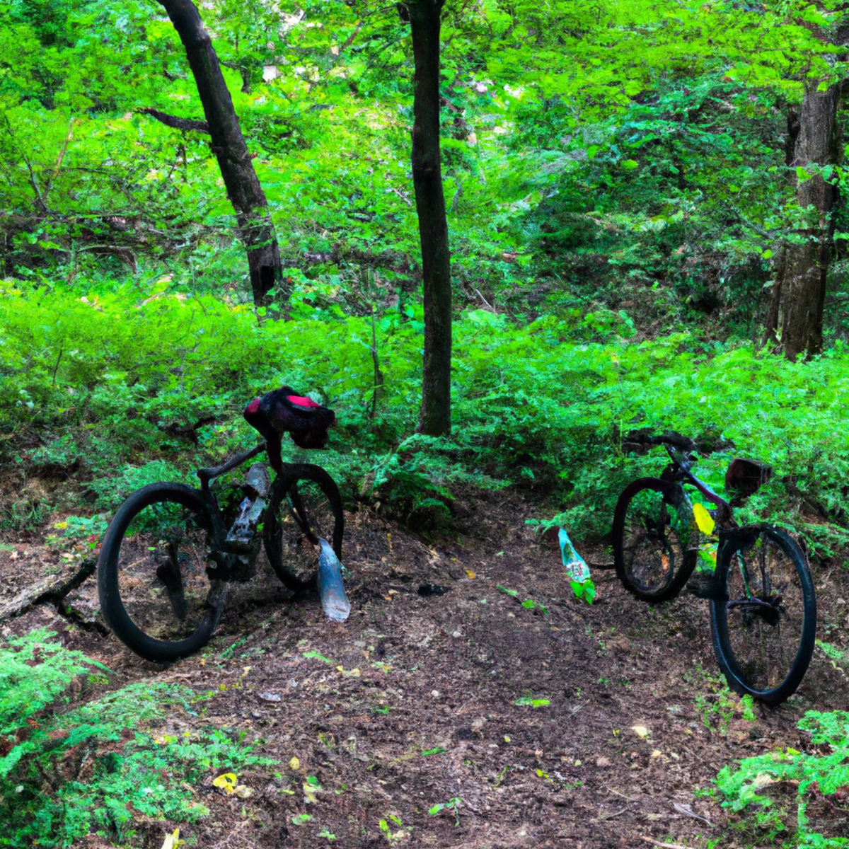 The photo captures a scenic view of a lush green forest with a winding trail in the foreground. On the trail, there are two bicycles parked next to each other, indicating a break in the midst of a biking session. A water bottle and a backpack lie next to the bikes, suggesting that the riders are taking a moment to hydrate and refuel. In the background, there are towering trees and a clear blue sky, creating a serene and peaceful atmosphere. The photo perfectly encapsulates the essence of outdoor fitness and the joy of exploring nature while staying active.