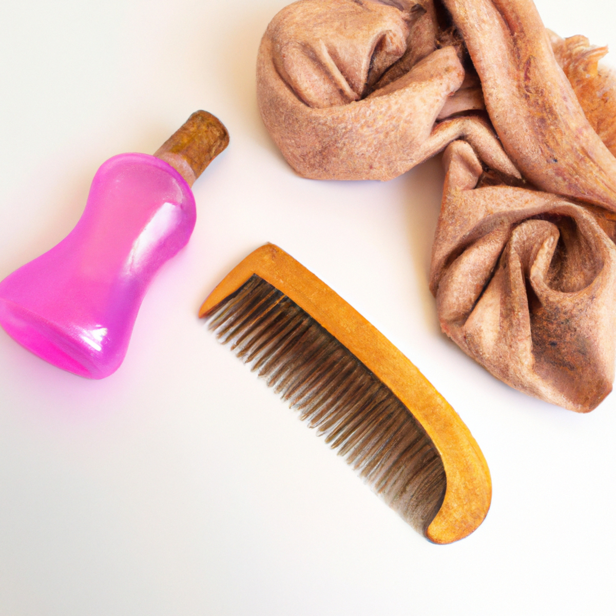 Hair care essentials: wooden brush, wide-tooth comb, silk scarf, and argan oil. Gentle tools and nourishing products for healthy hair.