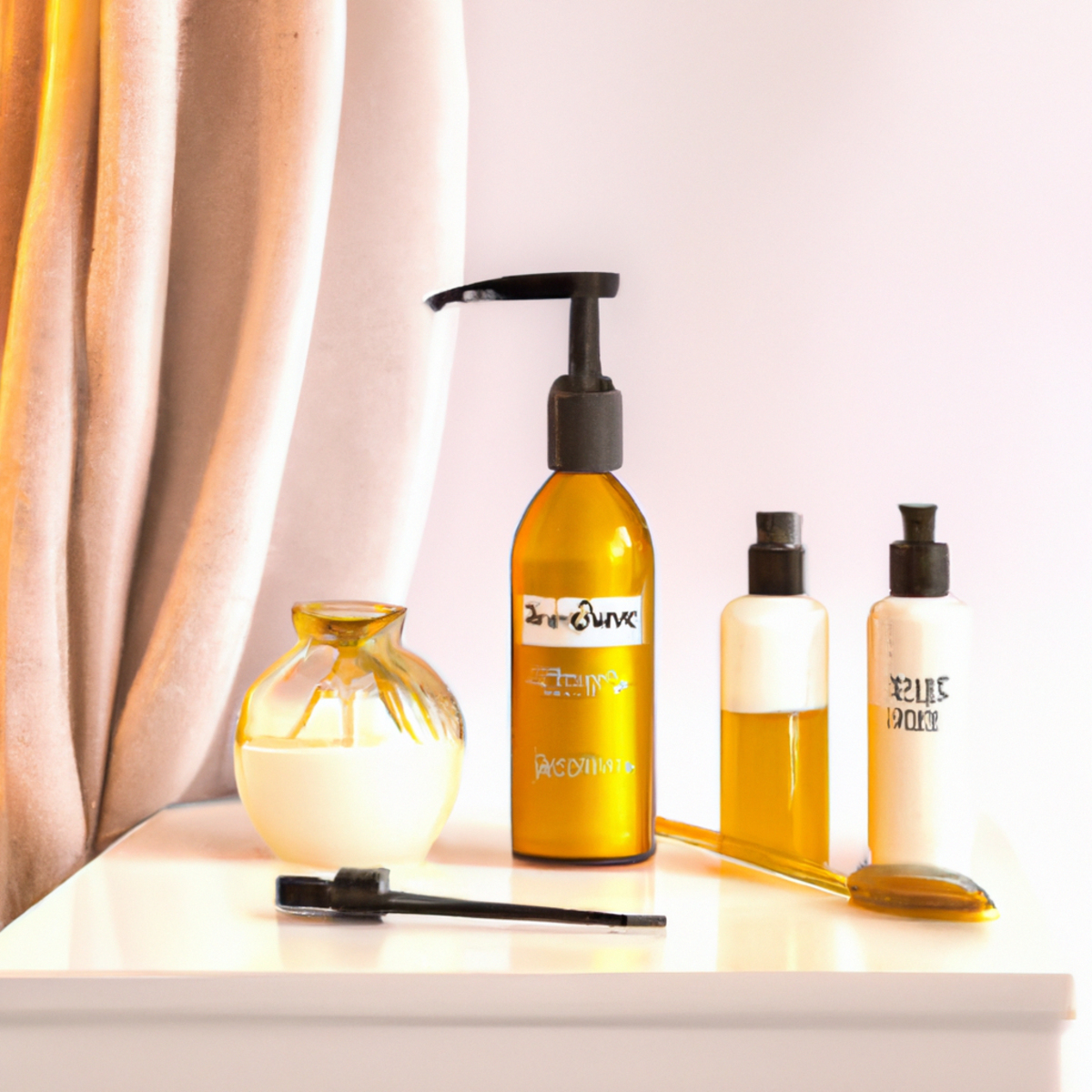 Assorted hair care products on a white background, including argan oil, smoothing serum, brush, comb, hairspray, and hair mask.