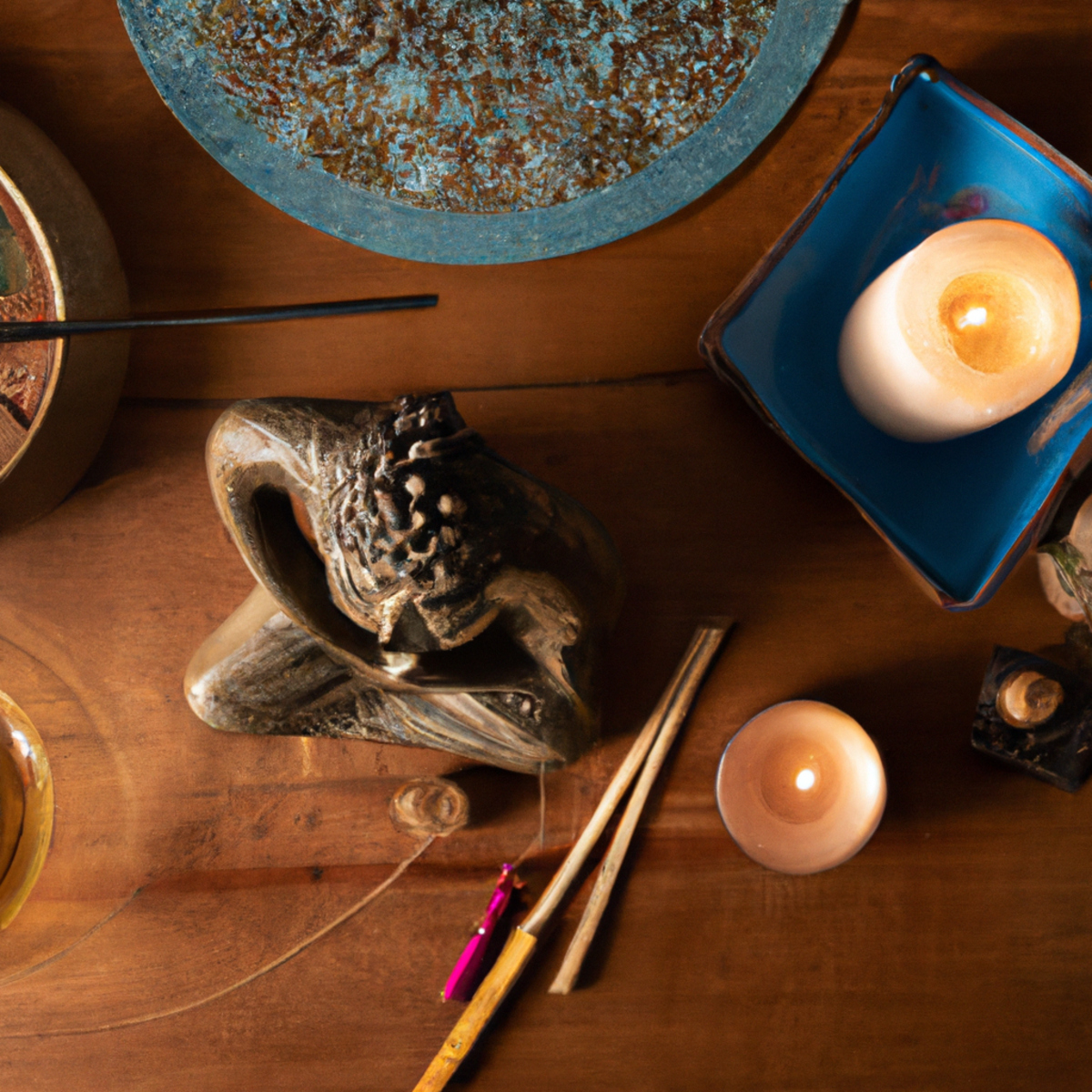 The photo features a serene scene of a wooden table with various meditation objects placed on it. In the center of the frame, there is a small Buddha statue, surrounded by a few candles and incense sticks. On the left side of the table, there is a cushion for sitting, and on the right side, there is a small bowl filled with smooth stones. The lighting is soft and warm, creating a peaceful atmosphere that invites the viewer to take a moment to breathe and relax.