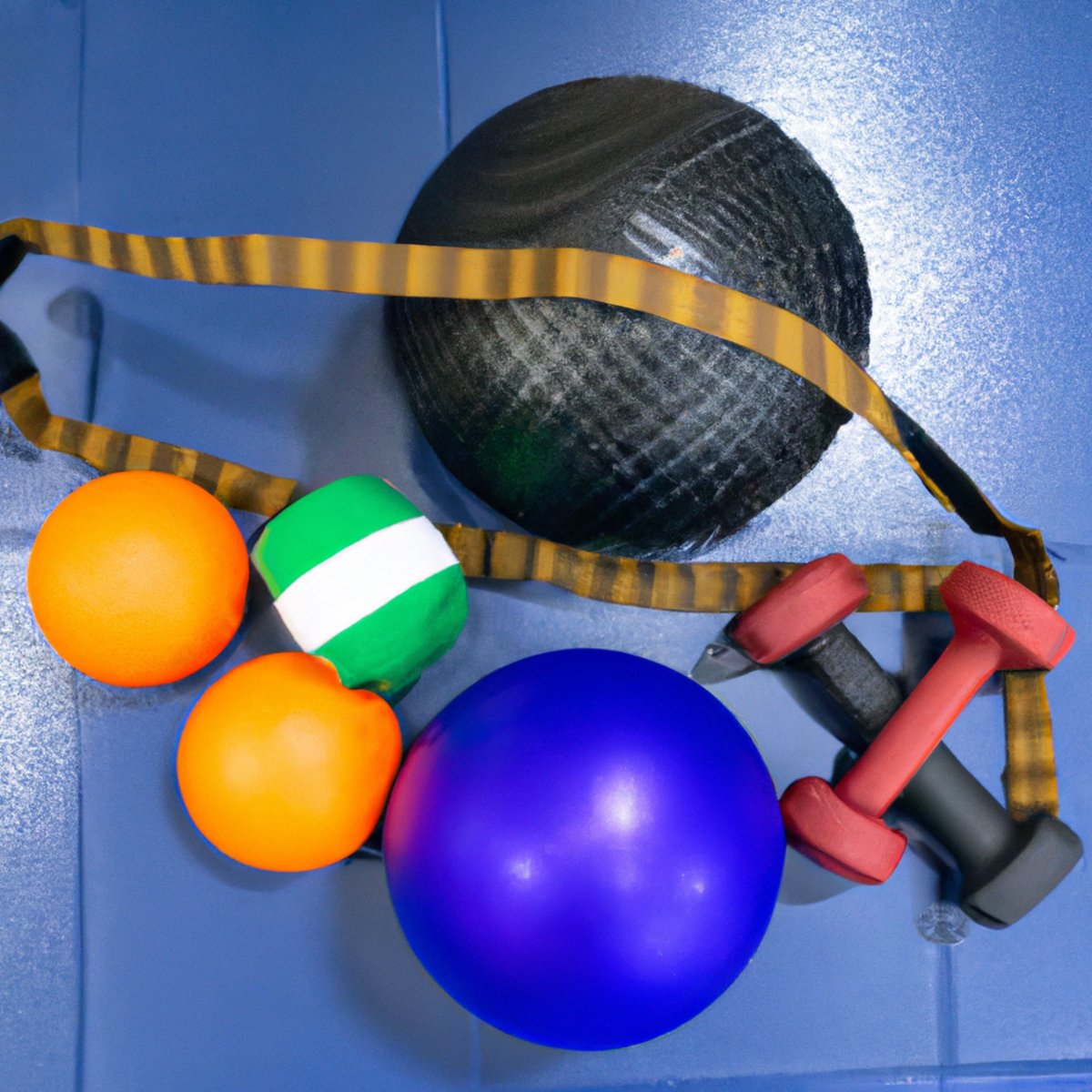 The photo captures a set of weights, a resistance band, and a medicine ball arranged neatly on a gym floor. The weights are of varying sizes and colors, with the largest ones placed at the back. The resistance band is stretched out and attached to a nearby pillar, ready for use. The medicine ball is positioned in the center, with its textured surface inviting the athlete to grab hold and start training. The lighting is bright and natural, highlighting the details of each object and creating a sense of energy and motivation. This photo perfectly represents the tools and equipment needed for effective resistance training, encouraging athletes to take action and improve their performance.
