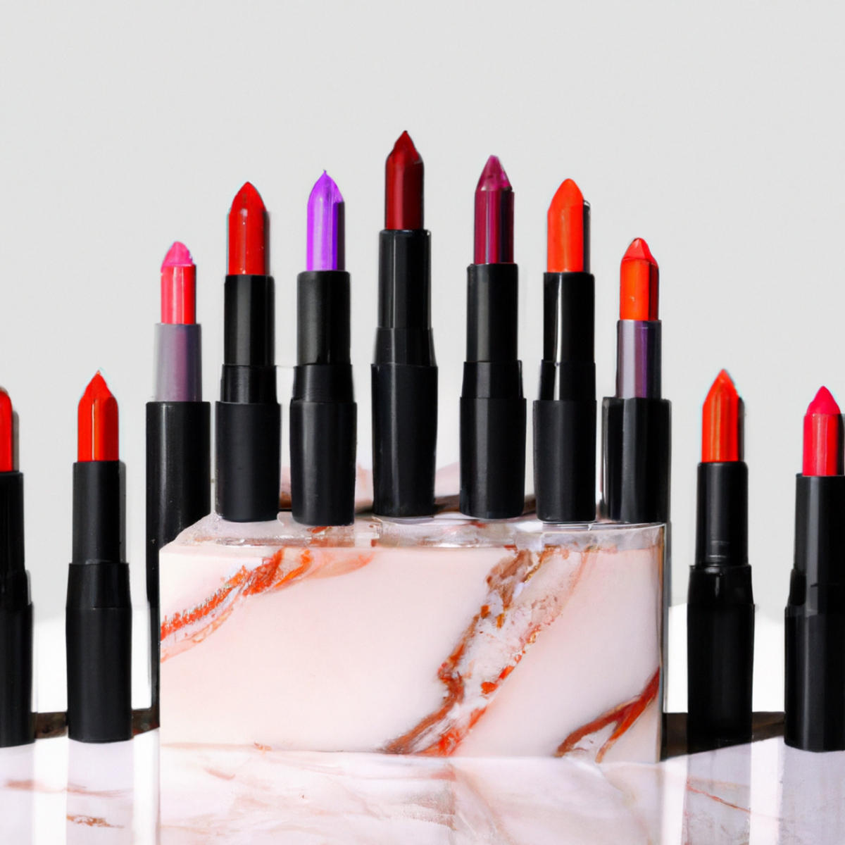 Bold lip colors - Vibrant lipsticks on marble countertop, exuding confidence and allure. Glossy texture and visually pleasing arrangement.