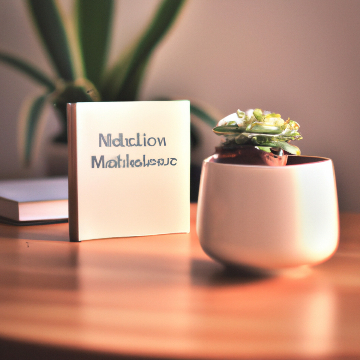 Stress management techniques - Mindfulness essentials on a wooden table: a white mug, a plant, and a book titled "Mindfulness Meditation".