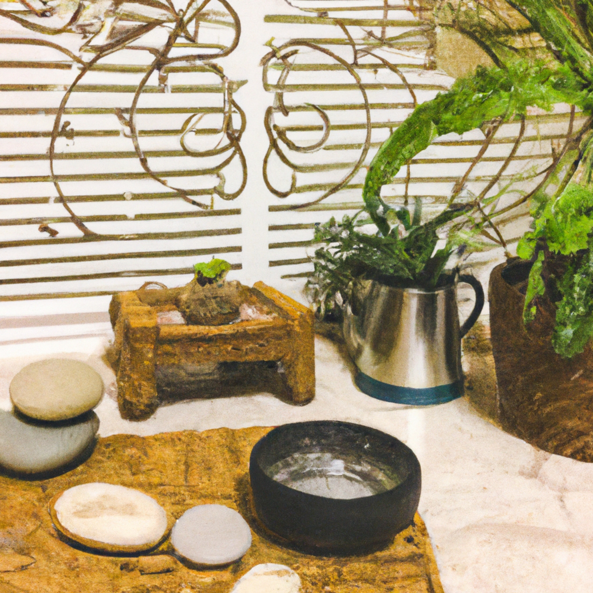 Holistic approaches to stress management - A tranquil room with a fountain, yoga mat, diffuser, and books on energy medicine, promoting relaxation and stress relief.