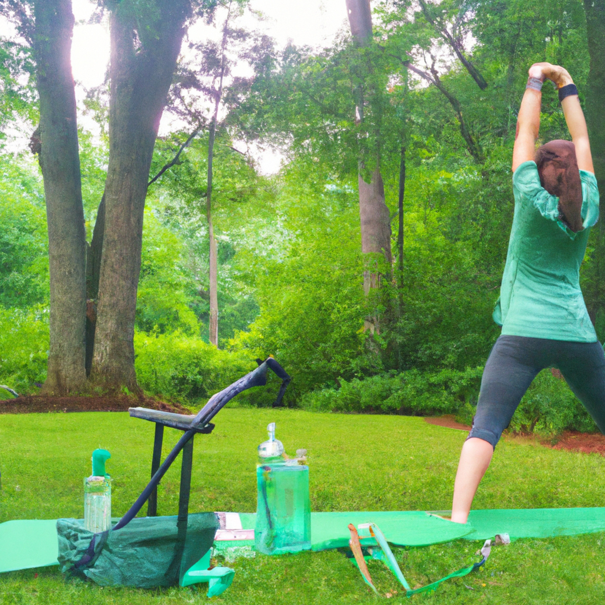 The photo captures a serene outdoor setting with a lush green backdrop. In the foreground, there are various objects scattered around, including a yoga mat, a water bottle, and a resistance band. The focus of the image is on a person performing a bodyweight exercise, with their arms extended overhead and their legs in a lunge position. The person is dressed in workout clothes and appears to be fully engaged in the exercise. The natural lighting and vibrant colors of the surroundings create a sense of energy and vitality, inspiring readers to get outside and get fit.