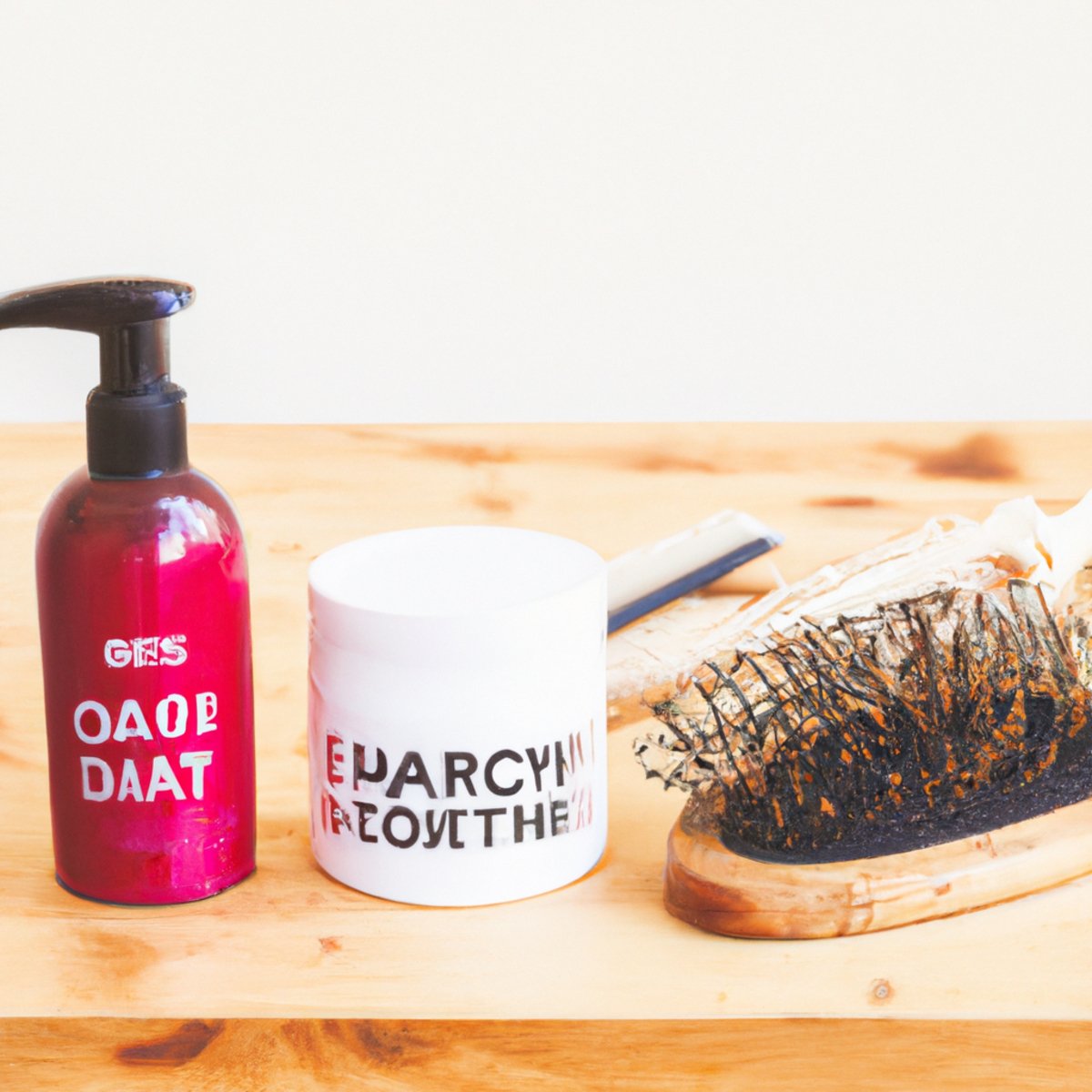 Hair care products arranged on wooden table with focus on deep conditioning treatment for damaged hair.